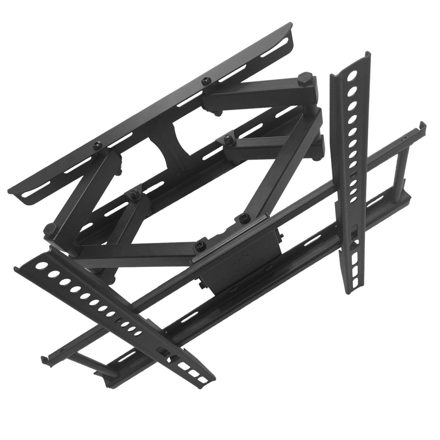 Schwarze TV-Wandhalterung, verstellbar. Verfügt über mehrere Arme und Befestigungspunkte.