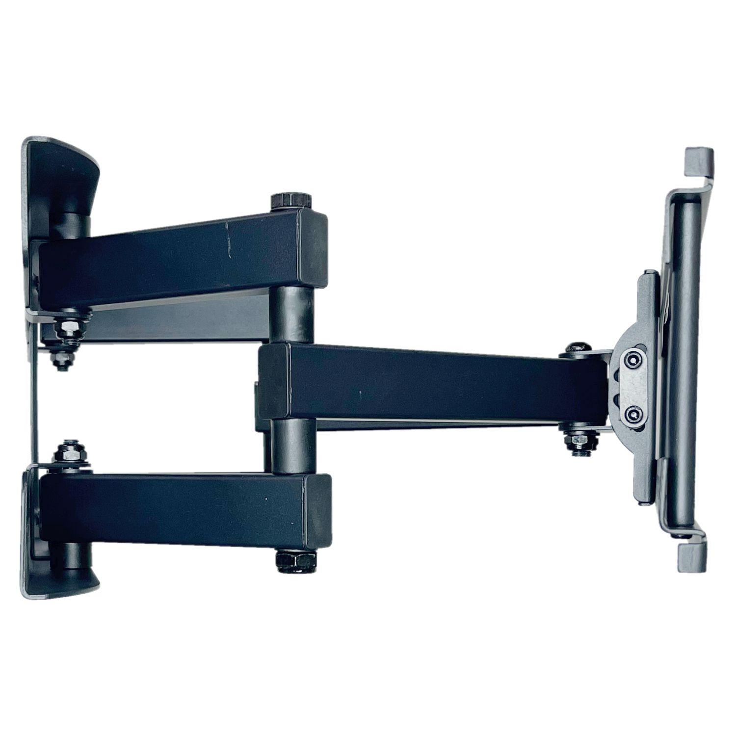 Schwarze TV-Wandhalterung, verstellbar. Metallkonstruktion auf weißem Hintergrund. Muttern und Schrauben sind sichtbar.