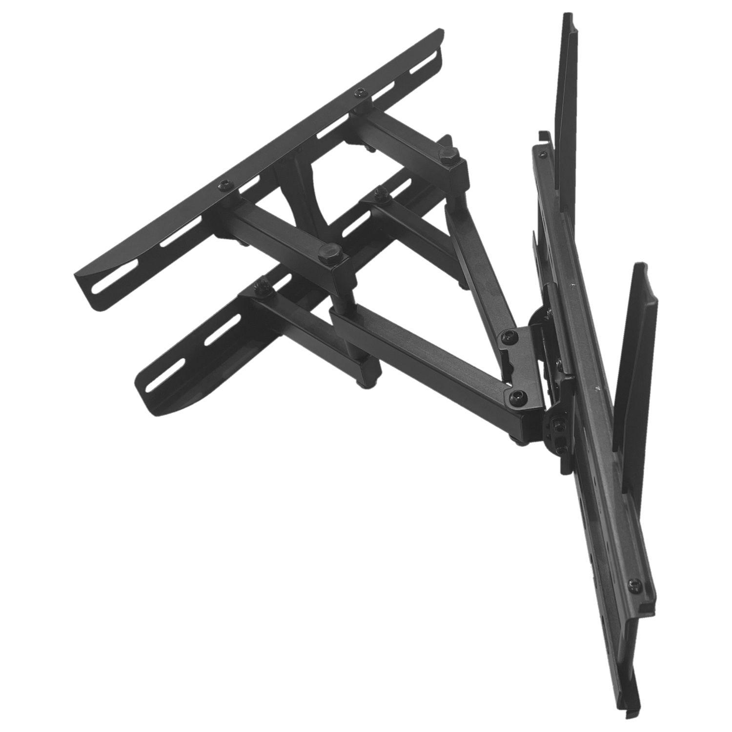Eine schwarze TV-Wandhalterung mit mehreren Gelenkarmen und Halterungen, bereit zur Installation.