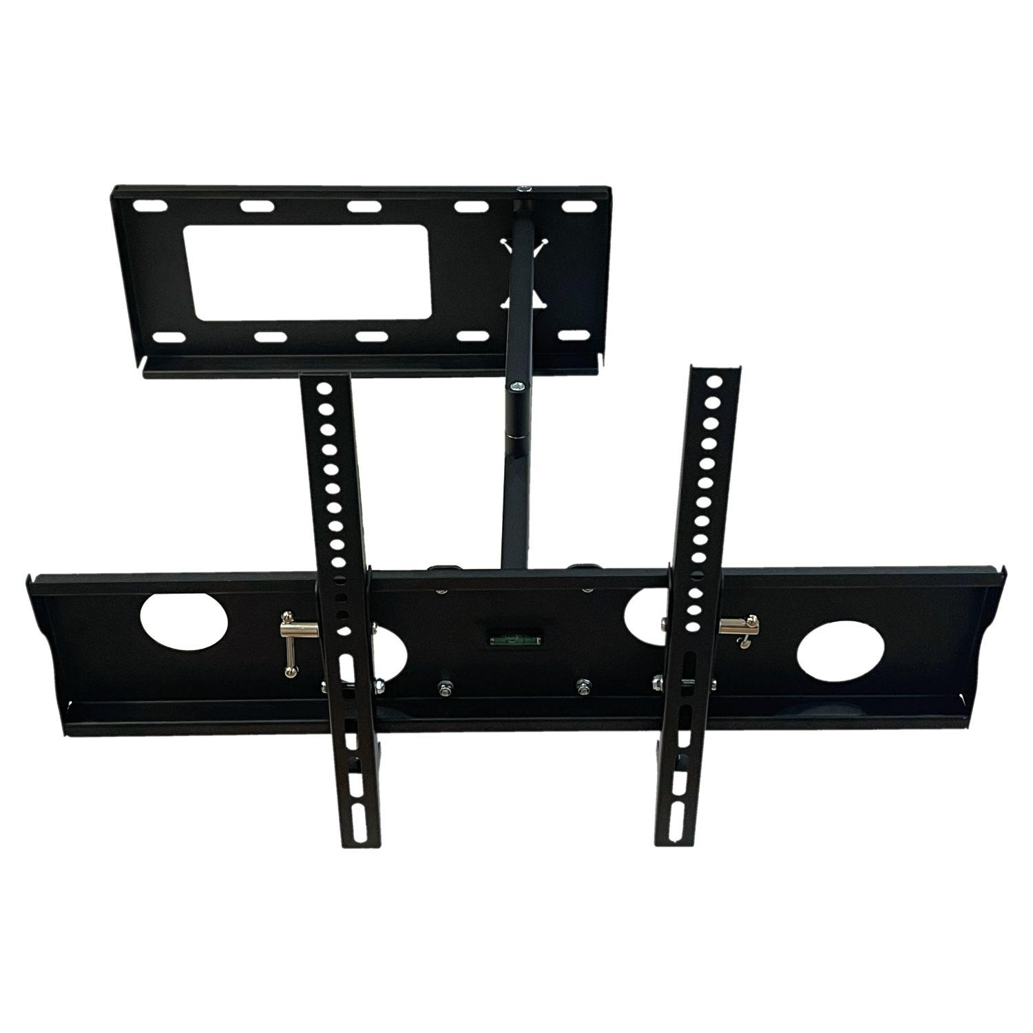 Schwarze TV-Halterung aus Metall. Halterung für TV und Wand sichtbar.
