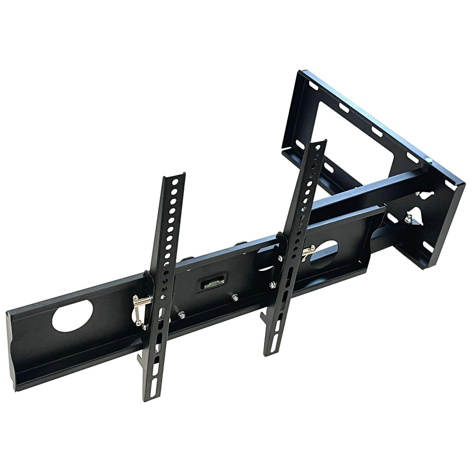 Eine schwarze TV-Wandhalterung mit Halterungen, Schrauben und einem Metallrahmen.