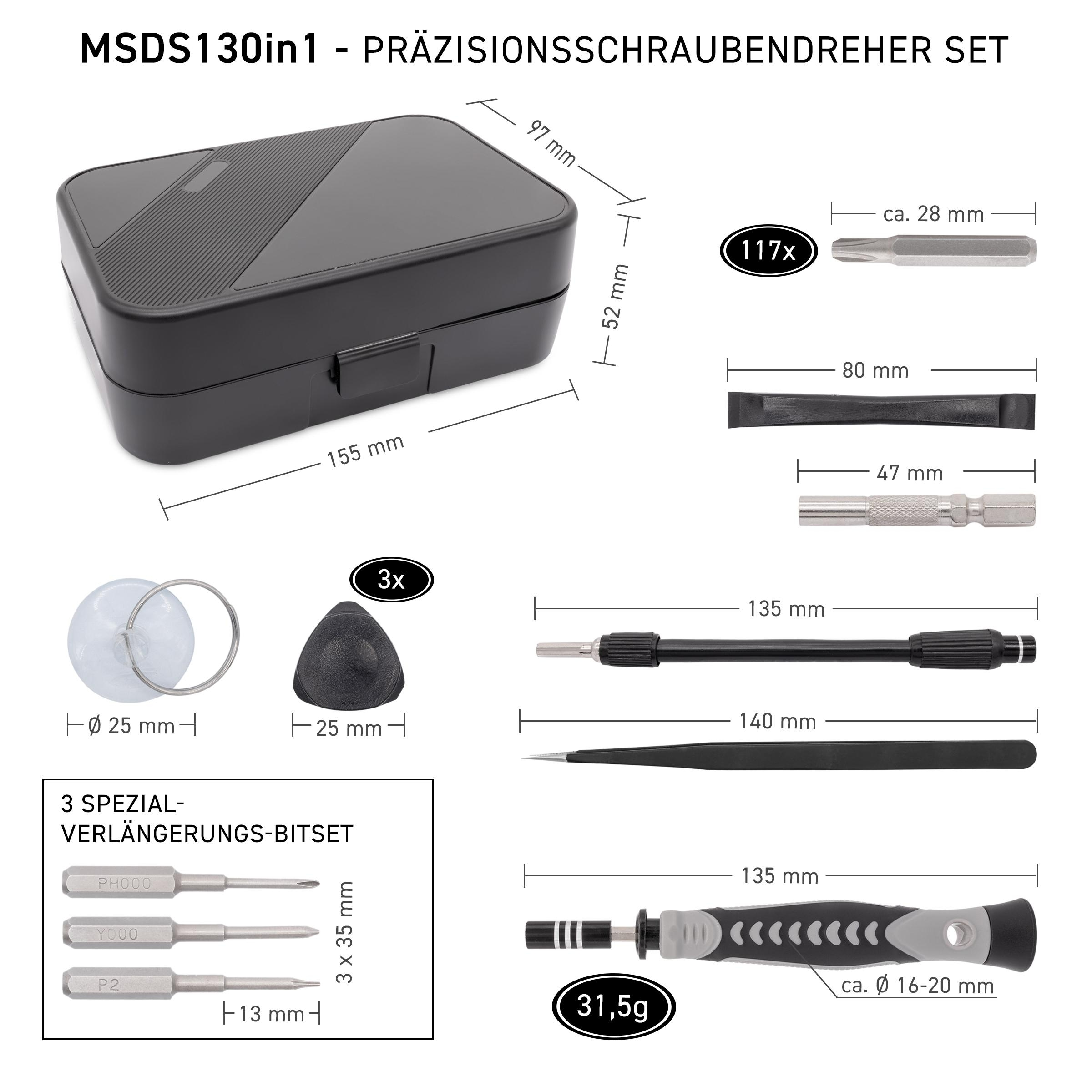 Eine schwarze Werkzeugkiste mit verschiedenen Präzisionsschraubendrehern und Bits, alle mit Maßen beschriftet.