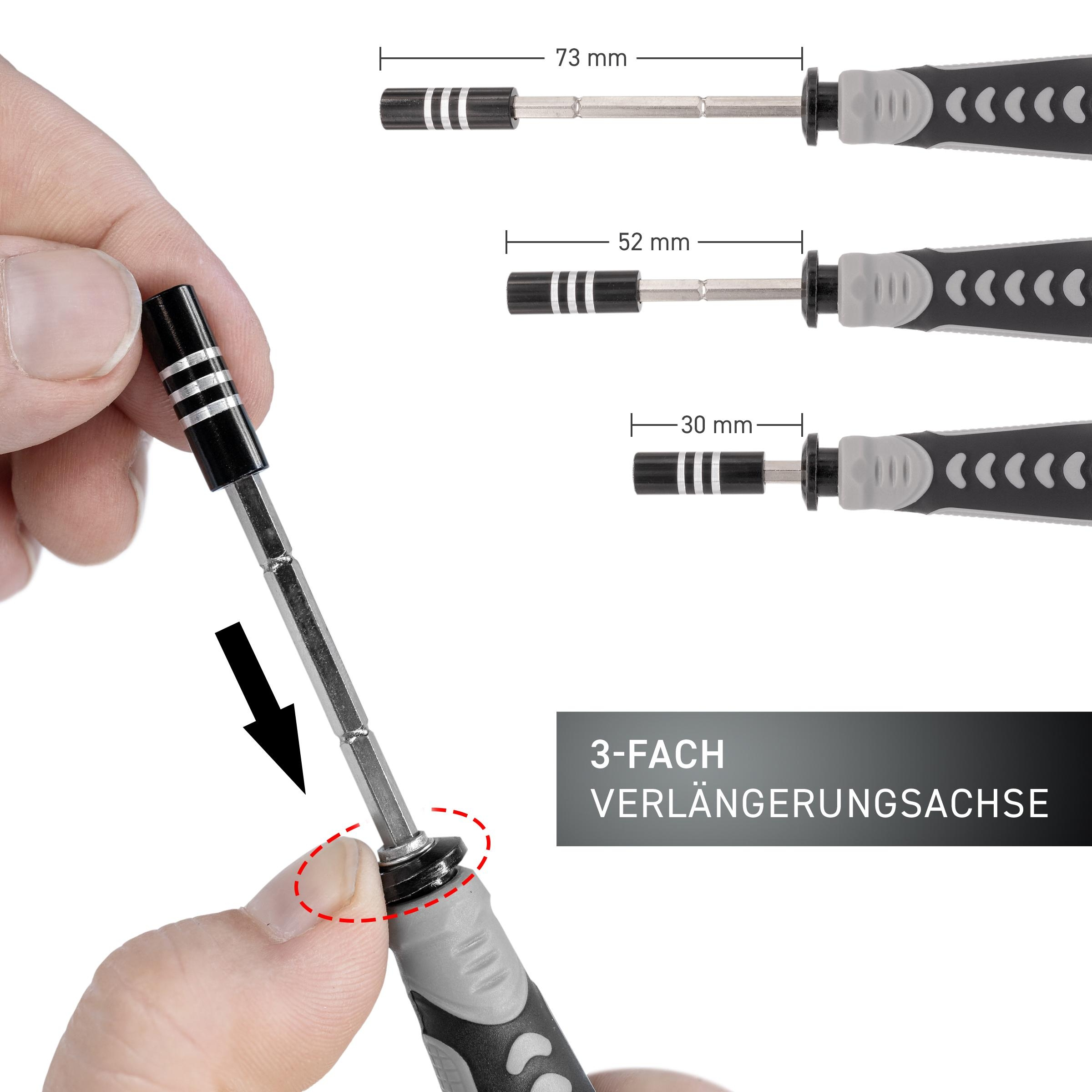 Hand hält Schraubendreher mit drei austauschbaren Spitzen. Maße und Beschriftungen sichtbar.