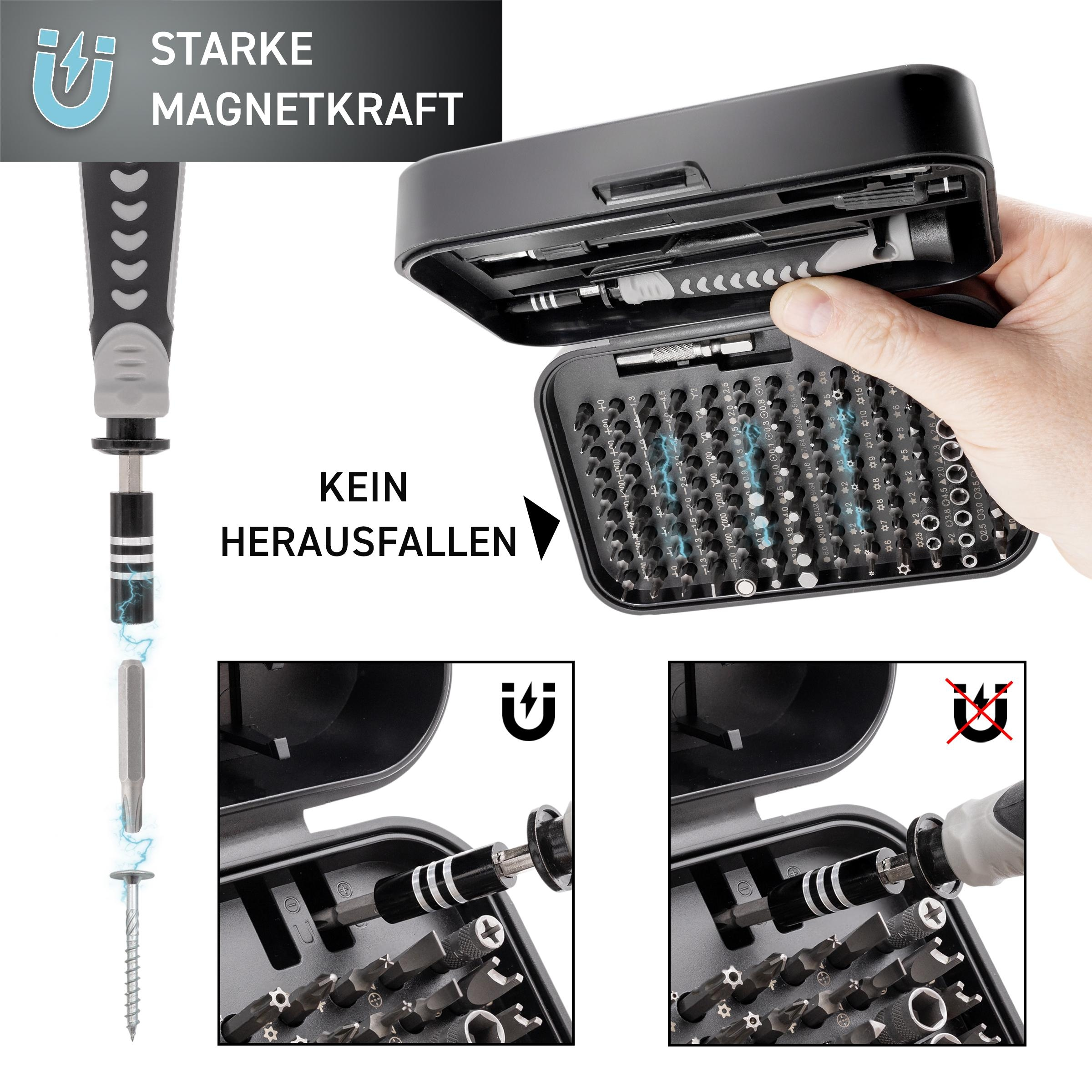 Ein Set Schraubendreher in einem schwarzen Gehäuse, mit starker Magnetkraft. Kein Herausfallen.