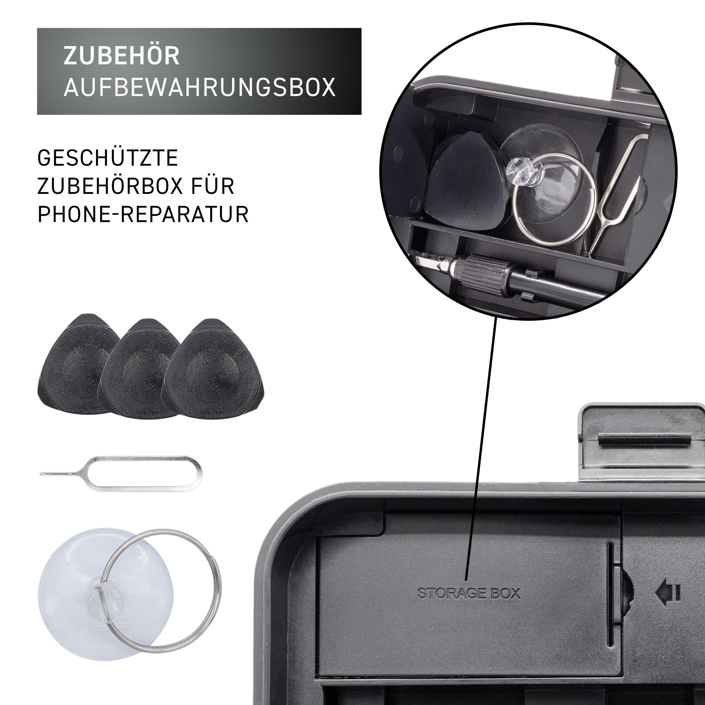 Eine Aufbewahrungsbox mit verschiedenen Reparaturwerkzeugen, darunter Hebewerkzeuge, ein Saugnapf und ein SIM-Karten-Entfernungswerkzeug.
