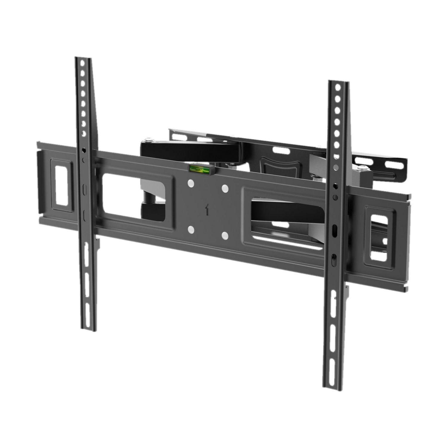 Schwarze TV-Halterung. Zwei vertikale Stangen mit einer horizontalen Halterung. Metall, mit vielen Löchern.