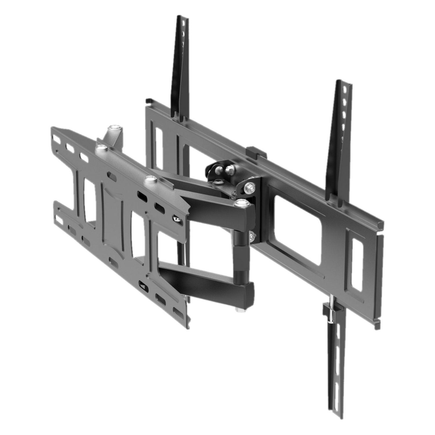 Eine TV-Halterung, eine komplexe Metallstruktur, abgewinkelt, zur Wandmontage, isoliert auf Weiß.