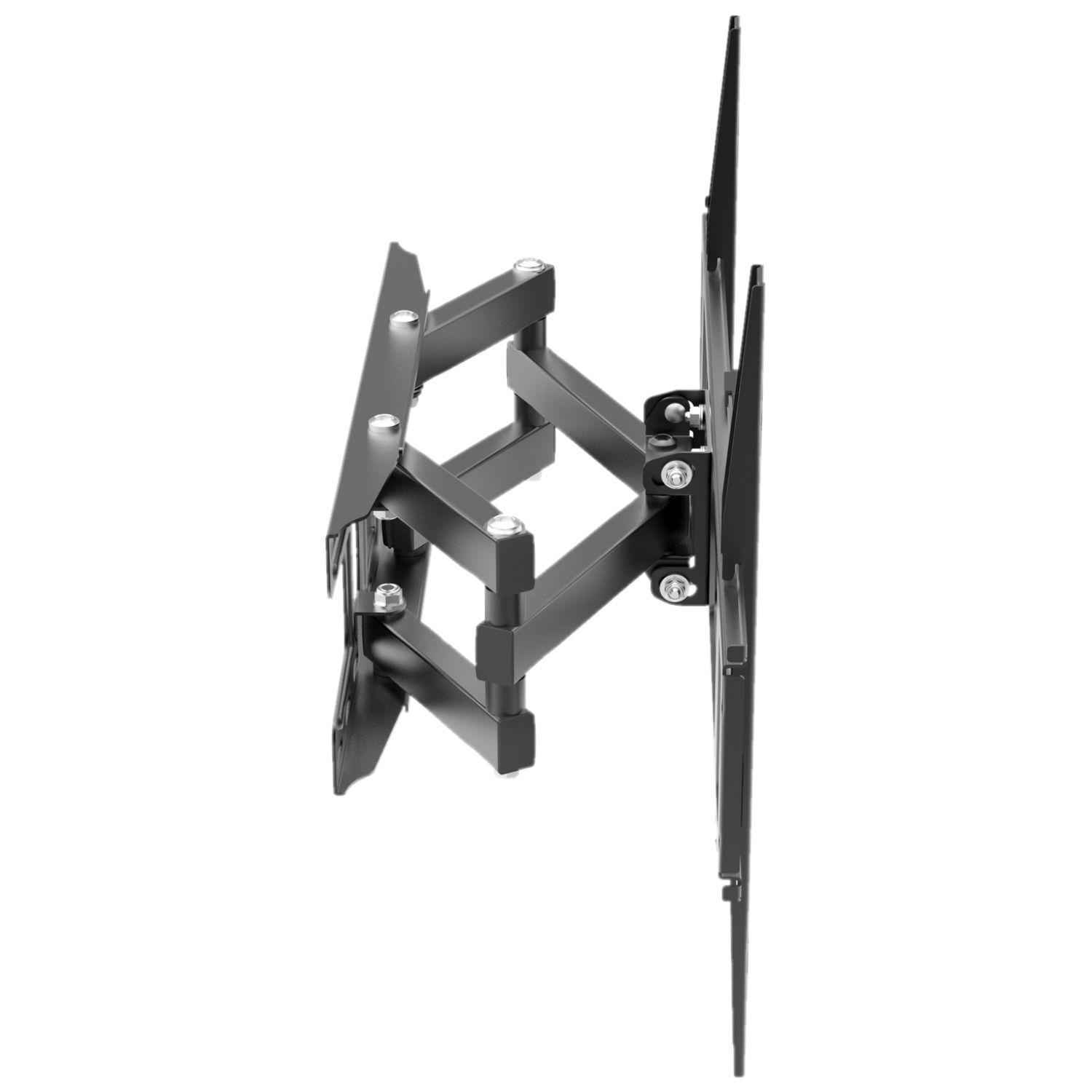 Eine schwarze TV-Halterung, von der Seite gesehen, mit Gelenkarmen und Montageplatten.