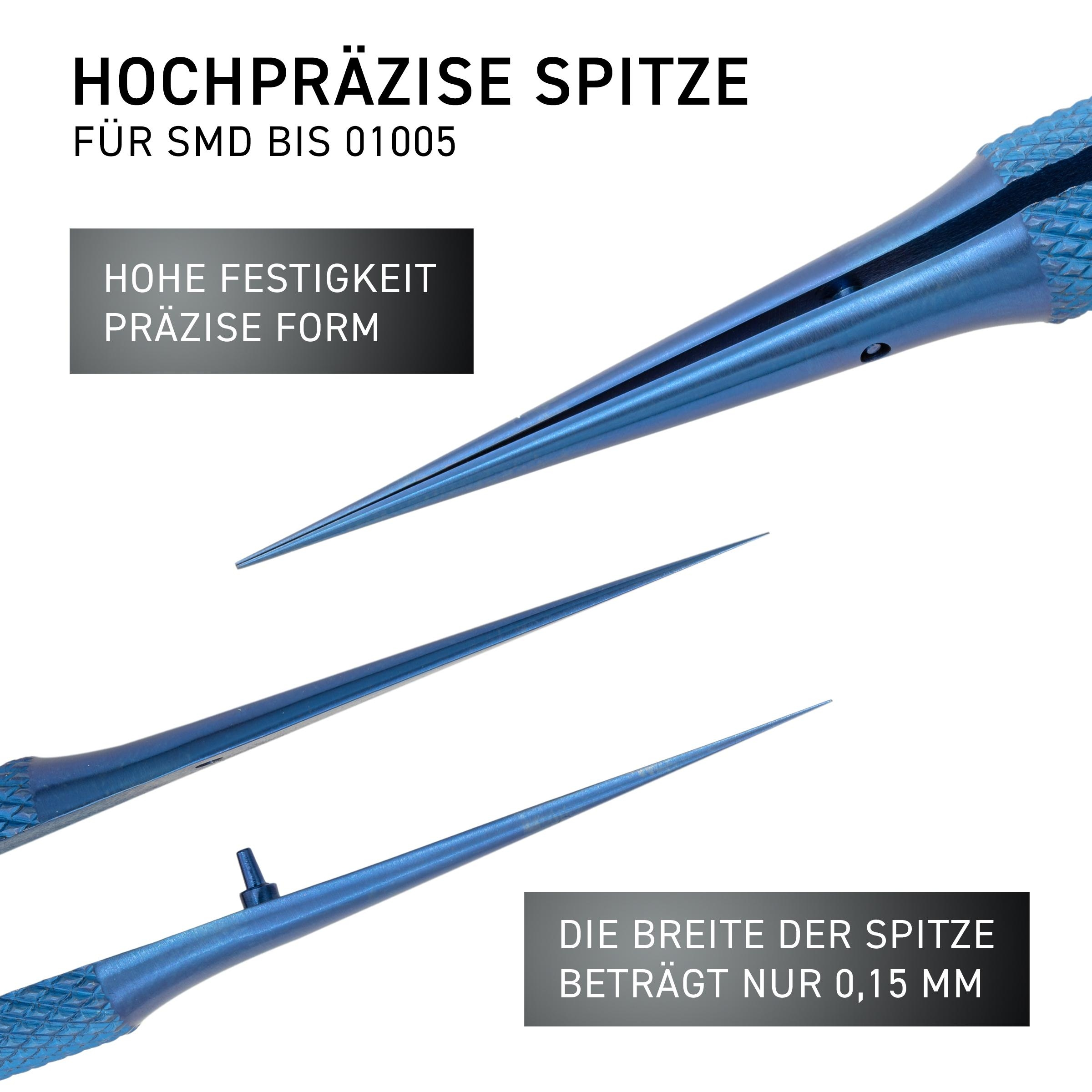 Nahaufnahme von drei Präzisions-Lötspitzen. Der Text beschreibt die Maße.