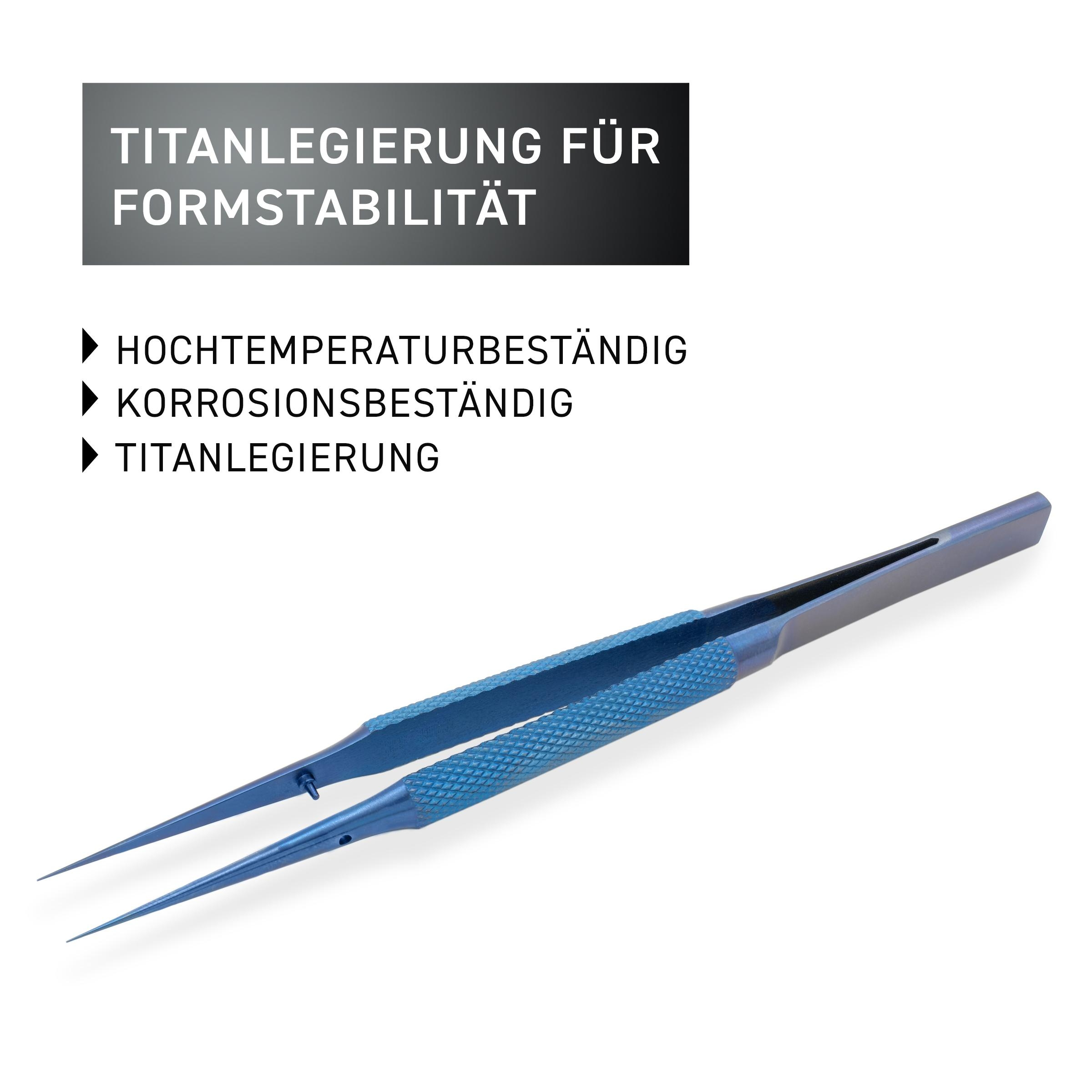 Blaugriffene Pinzette mit spitzer Spitze. Text oben: „TITANLEGIERUNG FÜR FORMSTABILITÄT“.