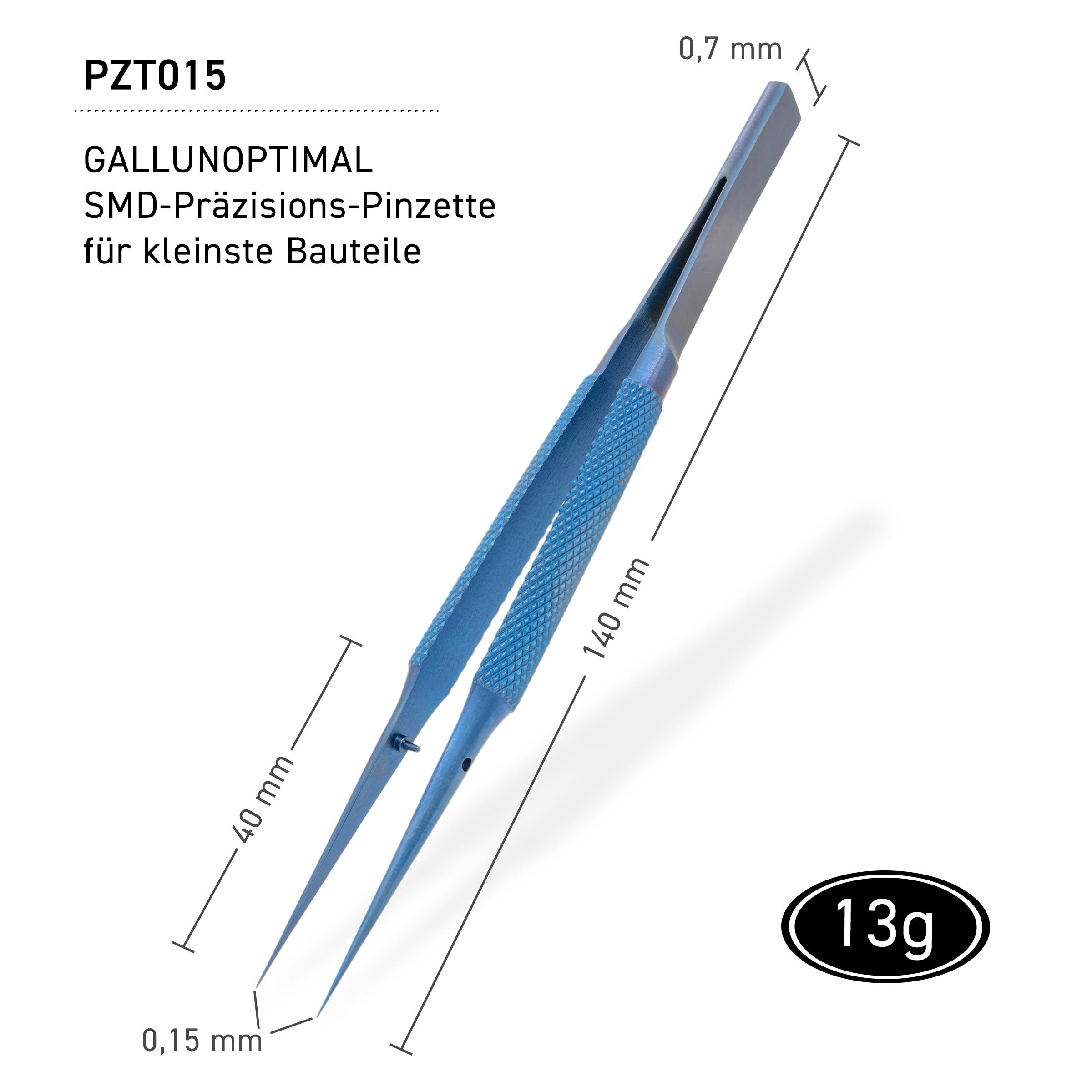 Blaue Präzisionspinzette mit in mm angegebenen Abmessungen und einem Gewicht von 13g. Weißer Hintergrund.