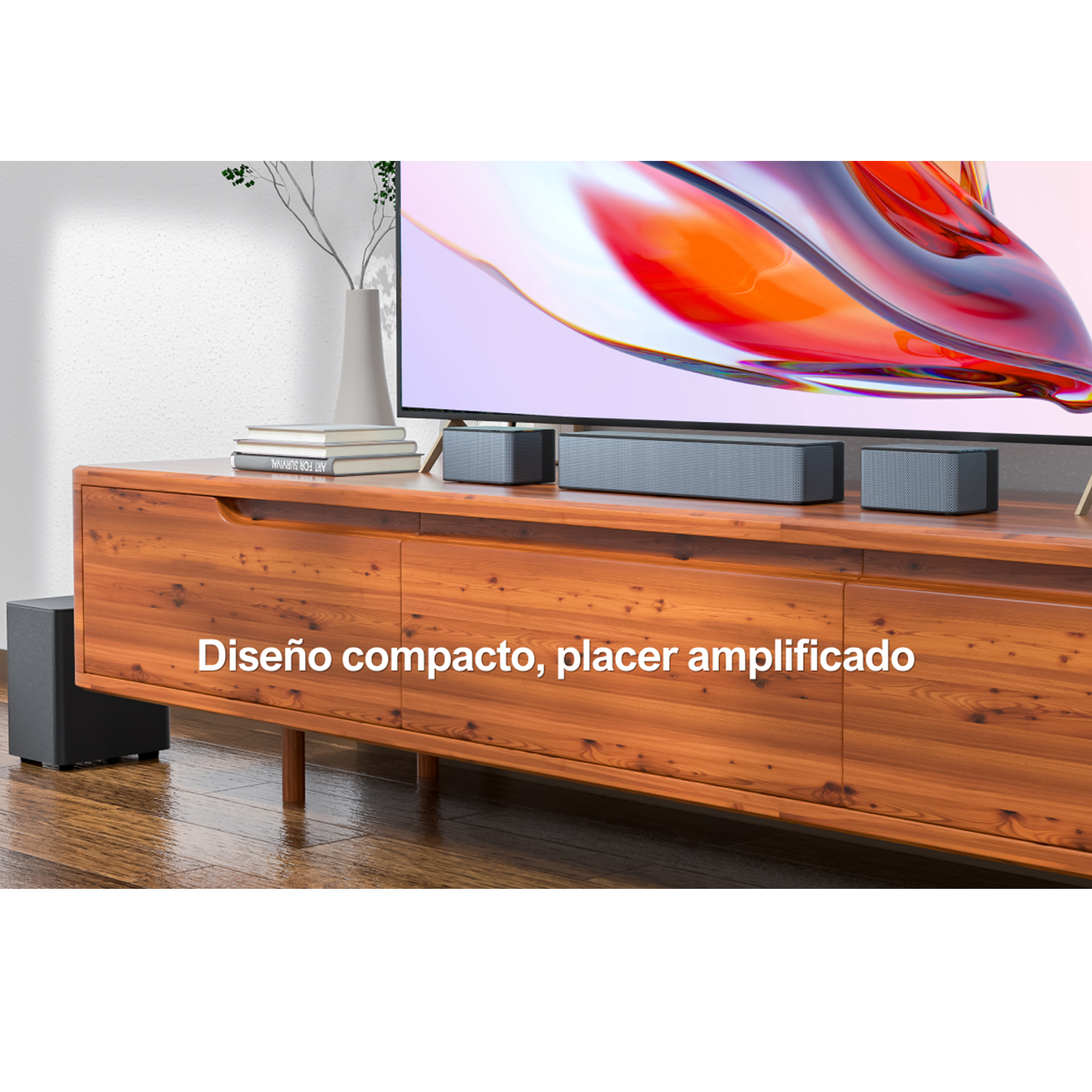 Un mueble de madera con un televisor encima, con barras de sonido y un subwoofer. Texto en la parte inferior.