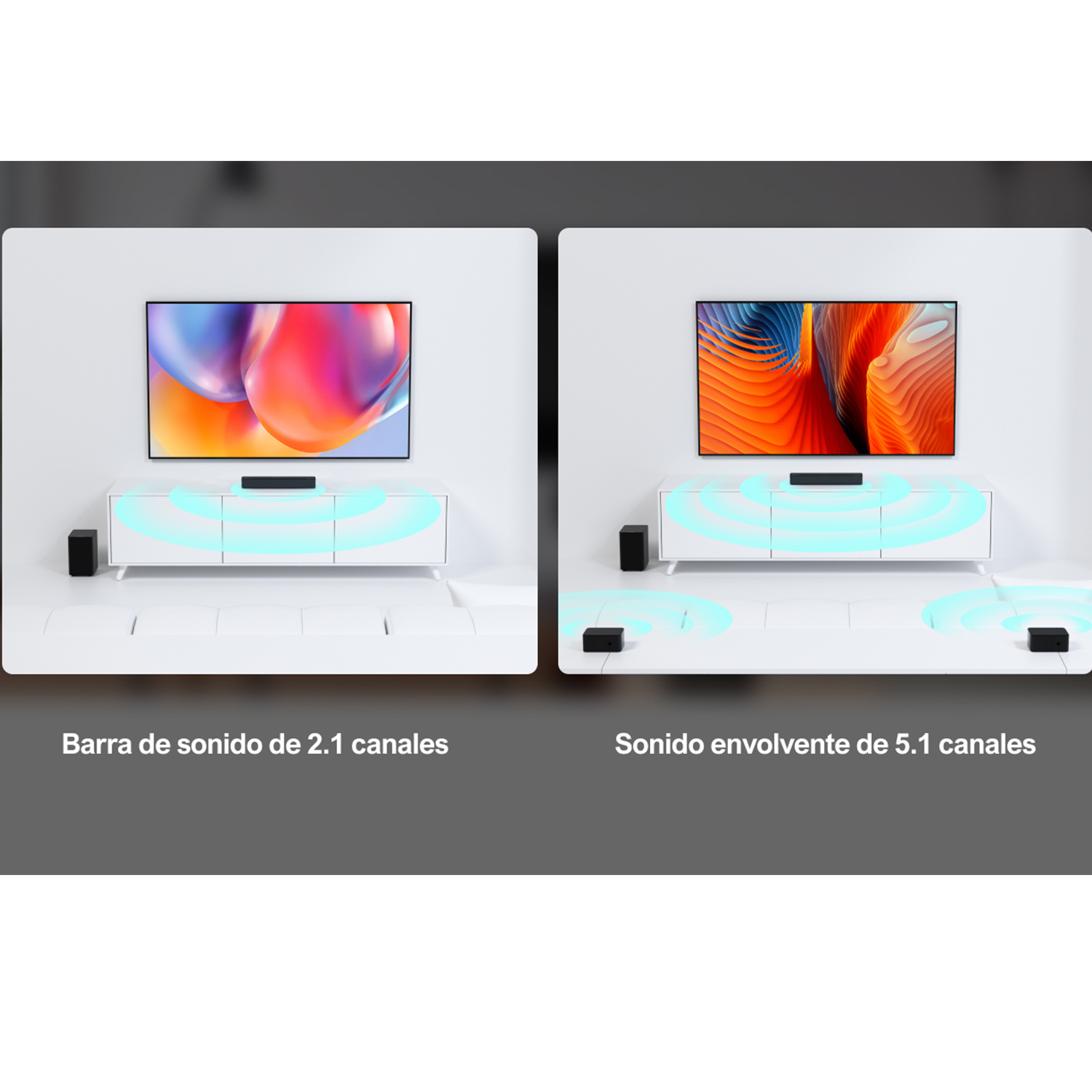Dos imágenes muestran una configuración de TV, una con barra de sonido 2.1, otra con sonido envolvente 5.1.