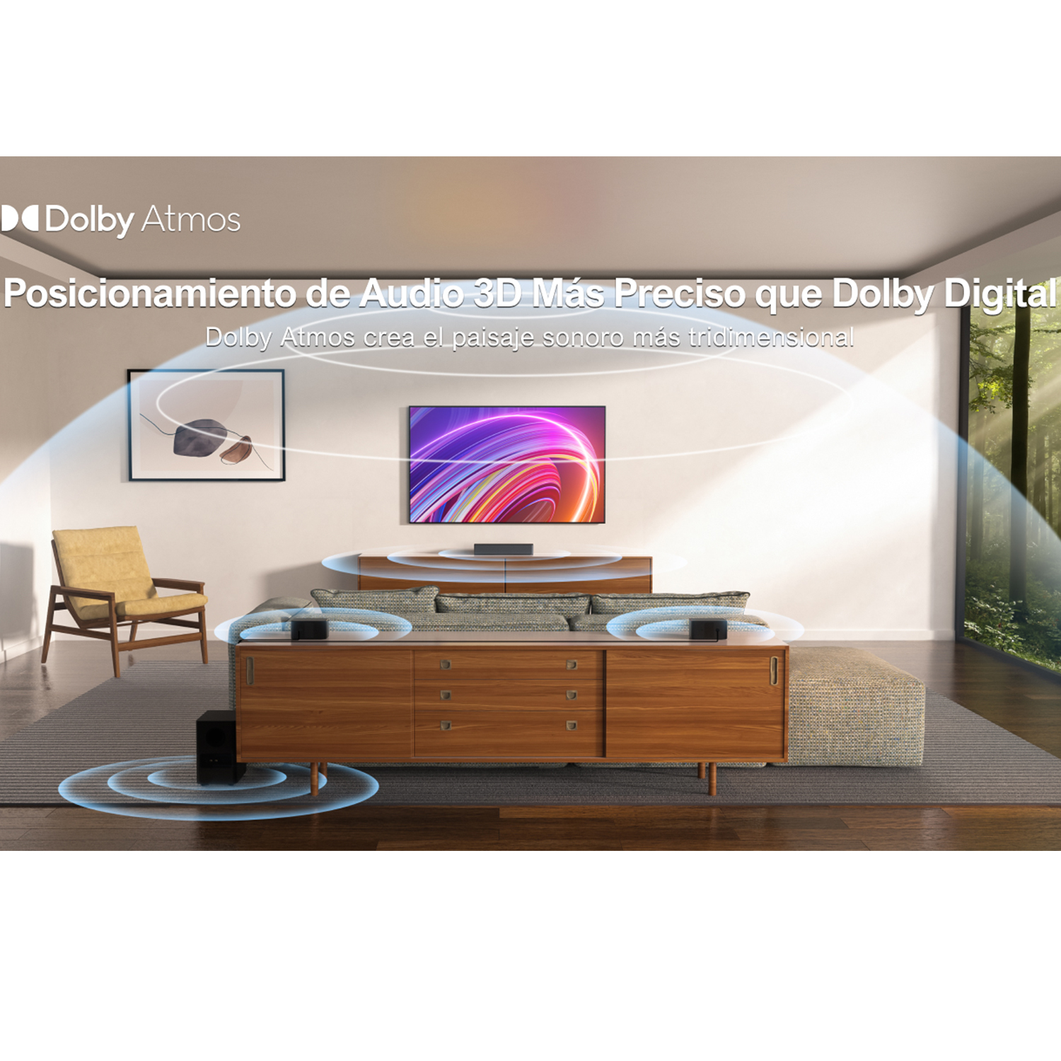 Salón con TV, sistema de sonido, sofá y cuadro en la pared.