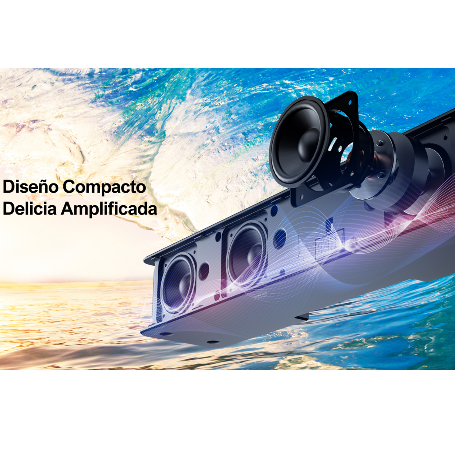 Una barra de sonido con altavoces sobre un fondo de agua y cielo, con texto 'Delicia Amplificada'.