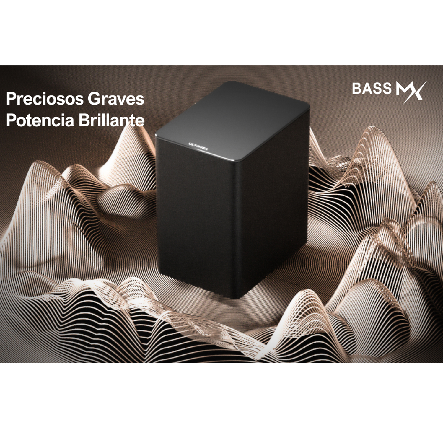 Subwoofer negro con texto 'Preciosos Graves Potencia Brillante', con fondo ondulado.