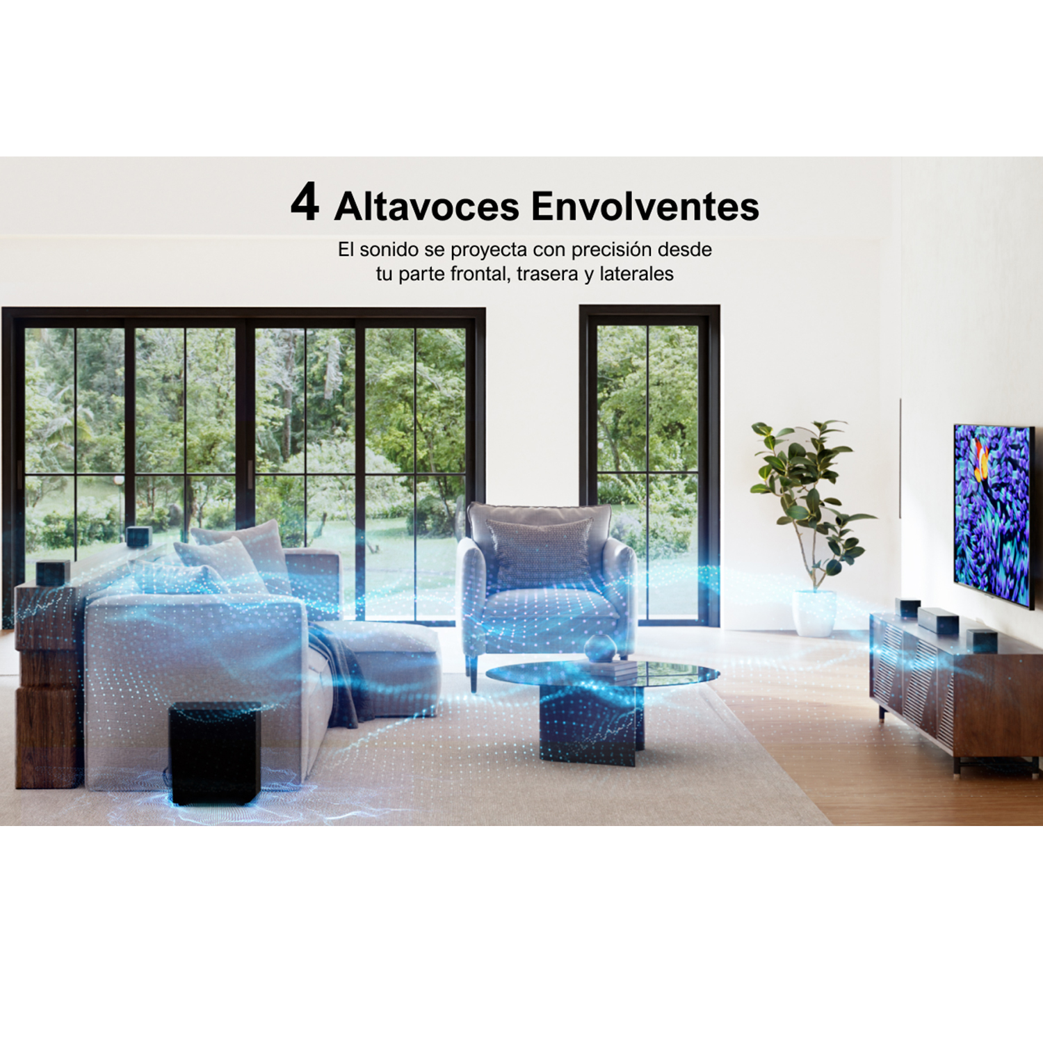 Una sala de estar con TV, sistema de sonido, sofá blanco y mesa de centro de cristal.