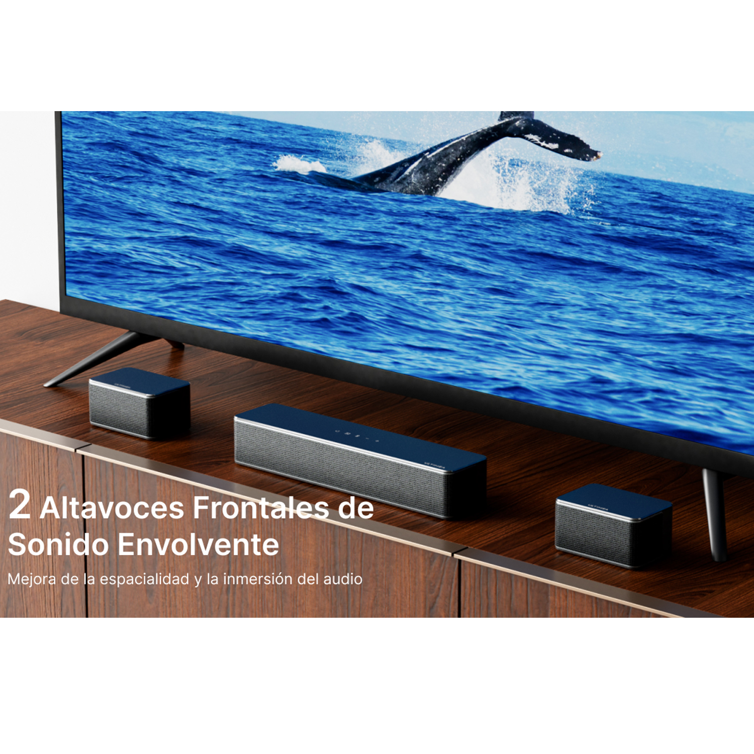 Una pantalla de TV que muestra una ballena y agua, con dos altavoces debajo.