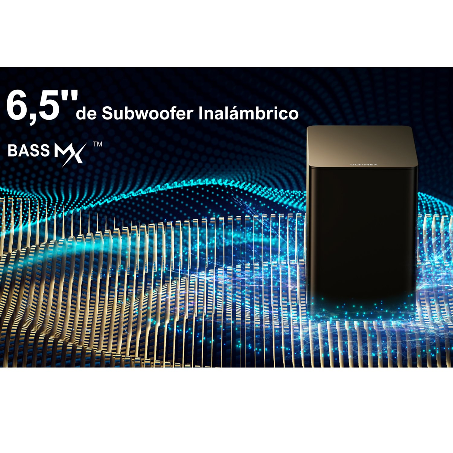 Subwoofer negro con parte superior plateada, fondo abstracto.