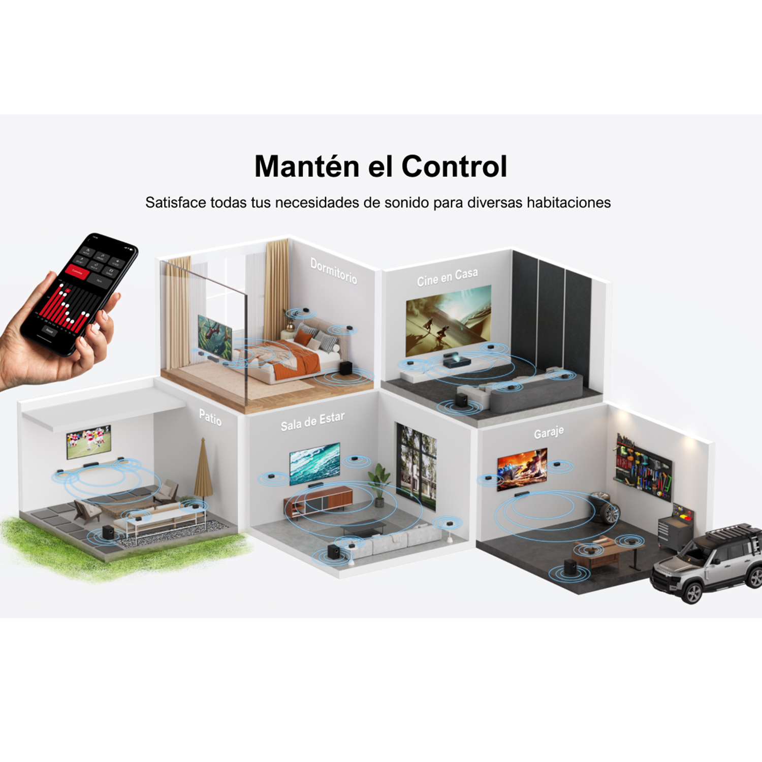 Ilustración muestra habitaciones con sistemas de sonido, controlados por teléfono. Texto: 'Mantén el Control'.
