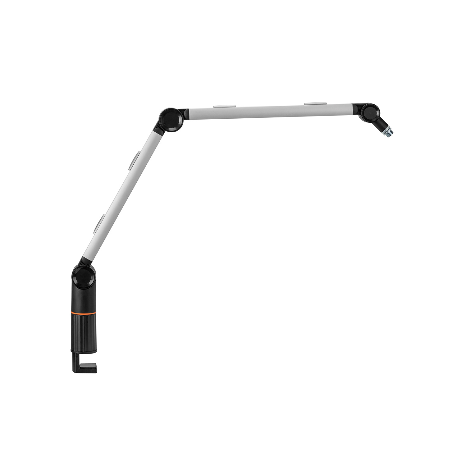 Un brazo articulado para un monitor o lámpara, con una abrazadera y múltiples articulaciones.