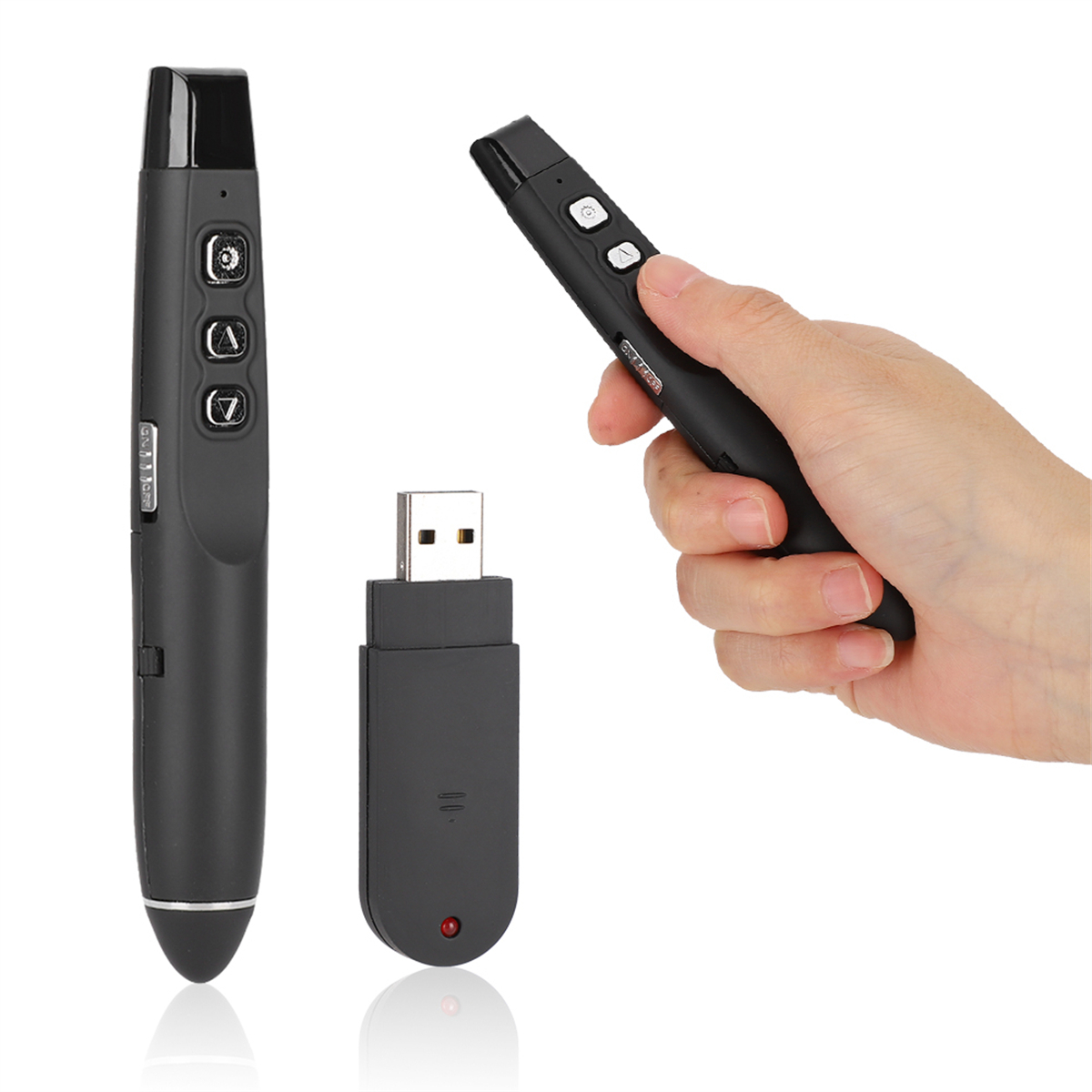 Schwarzer Präsentationsstift mit USB-Empfänger und eine Hand, die ihn hält.