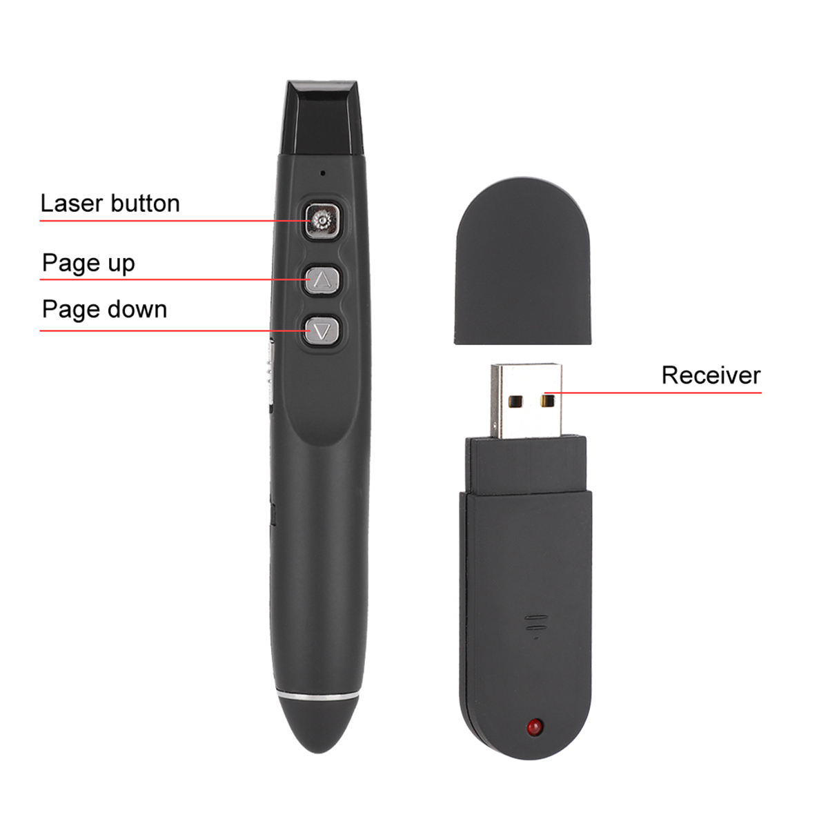Schwarzer Laserpointer mit Lasertaste, Page-Up/Down-Tasten und USB-Empfänger.