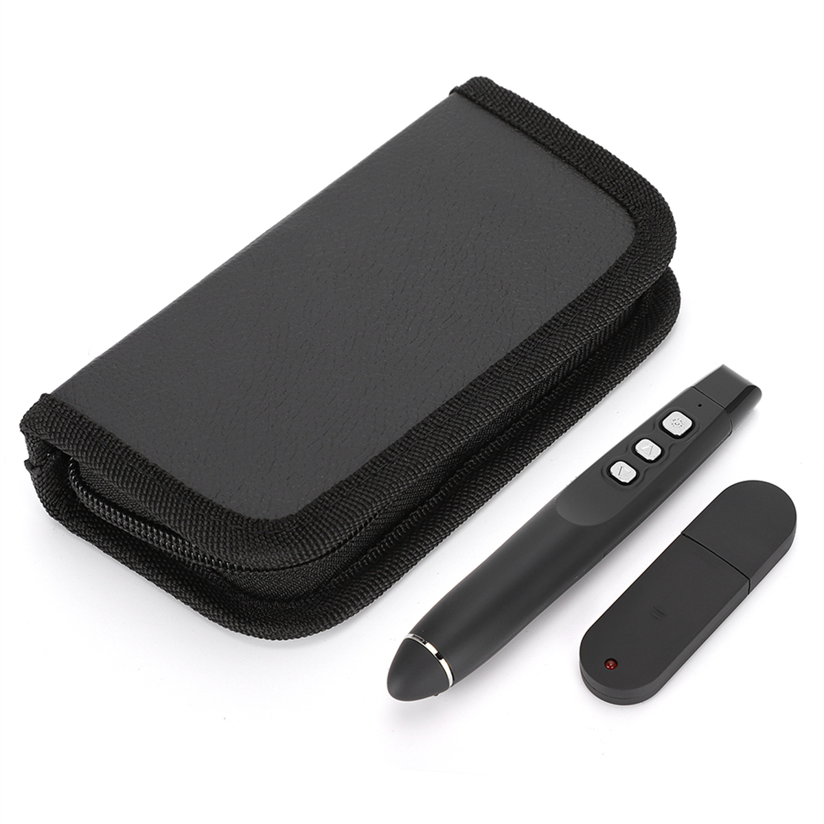 Schwarzer Präsentations-Clicker mit Etui und USB-Empfänger.