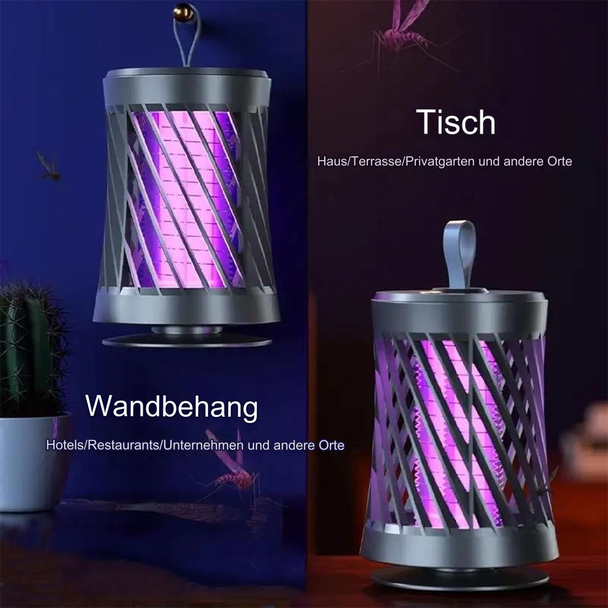 Zwei Moskitofallen, die violettes Licht aussenden. Eine hängt, die andere steht auf einem Tisch.