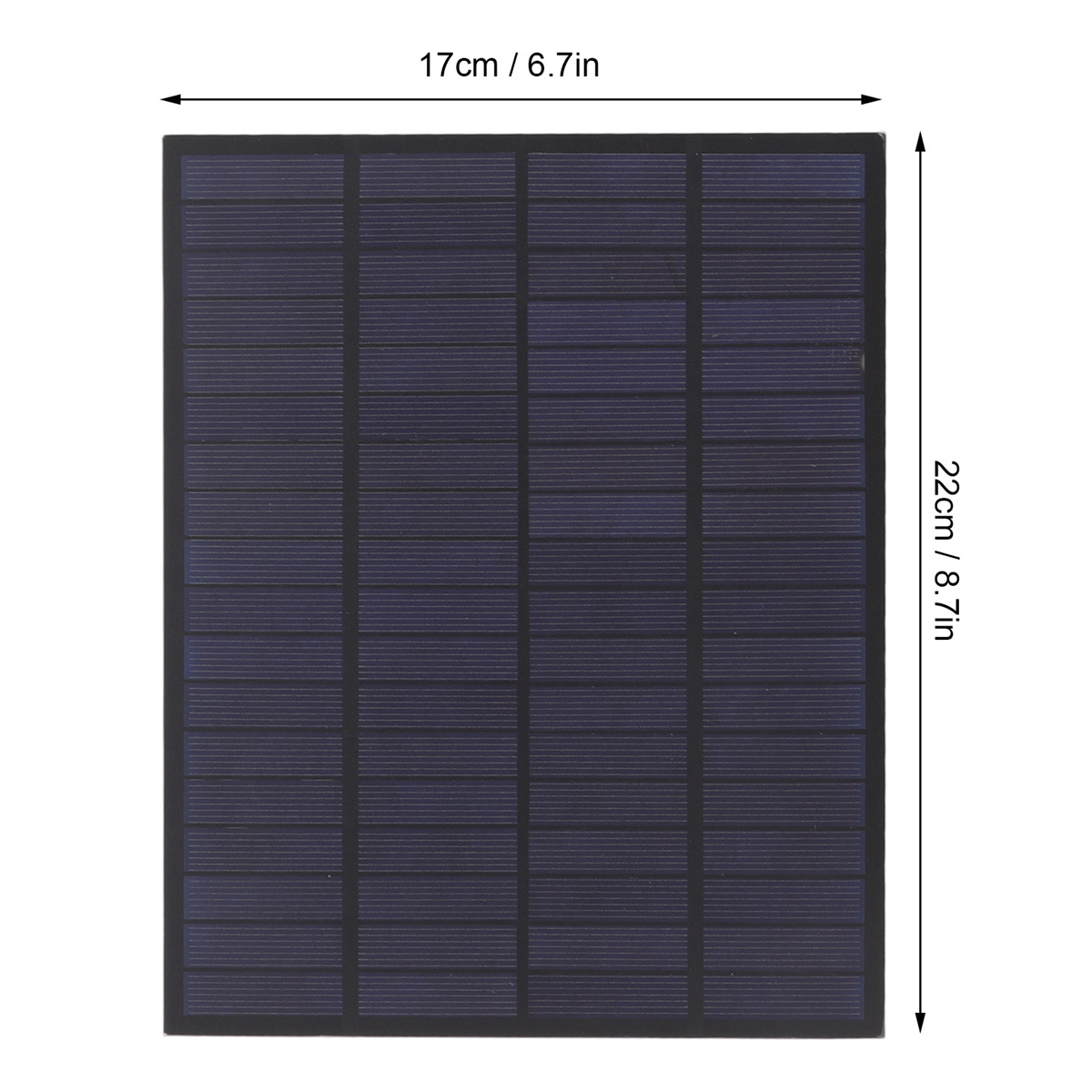 Ein schwarzes Solarpanel mit Abmessungen auf der Oberfläche. Weißer Hintergrund.