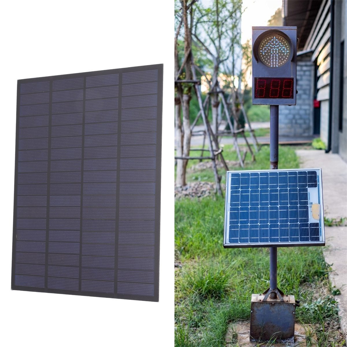 Ein Solarpanel und eine Ampel mit digitaler Anzeige, montiert auf einem Pfosten.