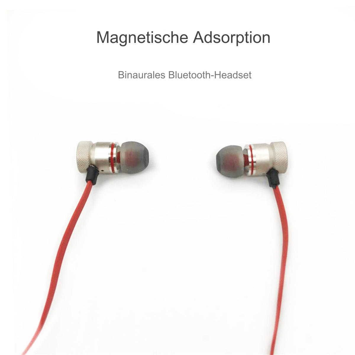 Kopfhörer mit roten Kabeln. Das Bild enthält Text: Magnetische Adsorption, Binaurales Bluetooth-Headset.