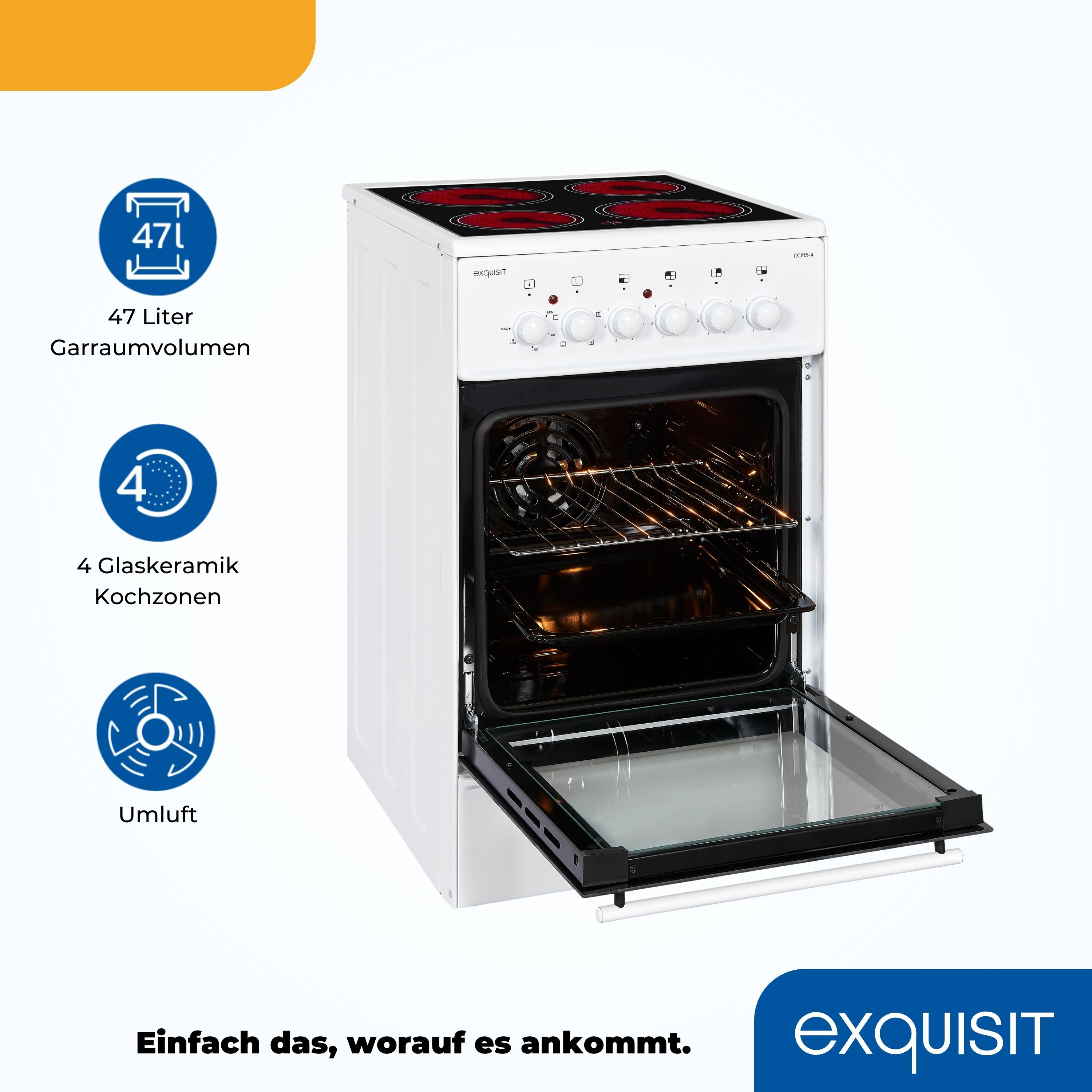 Weißer freistehender Elektroherd mit offener Tür, vier Cerankochzonen und Bedienknöpfen.