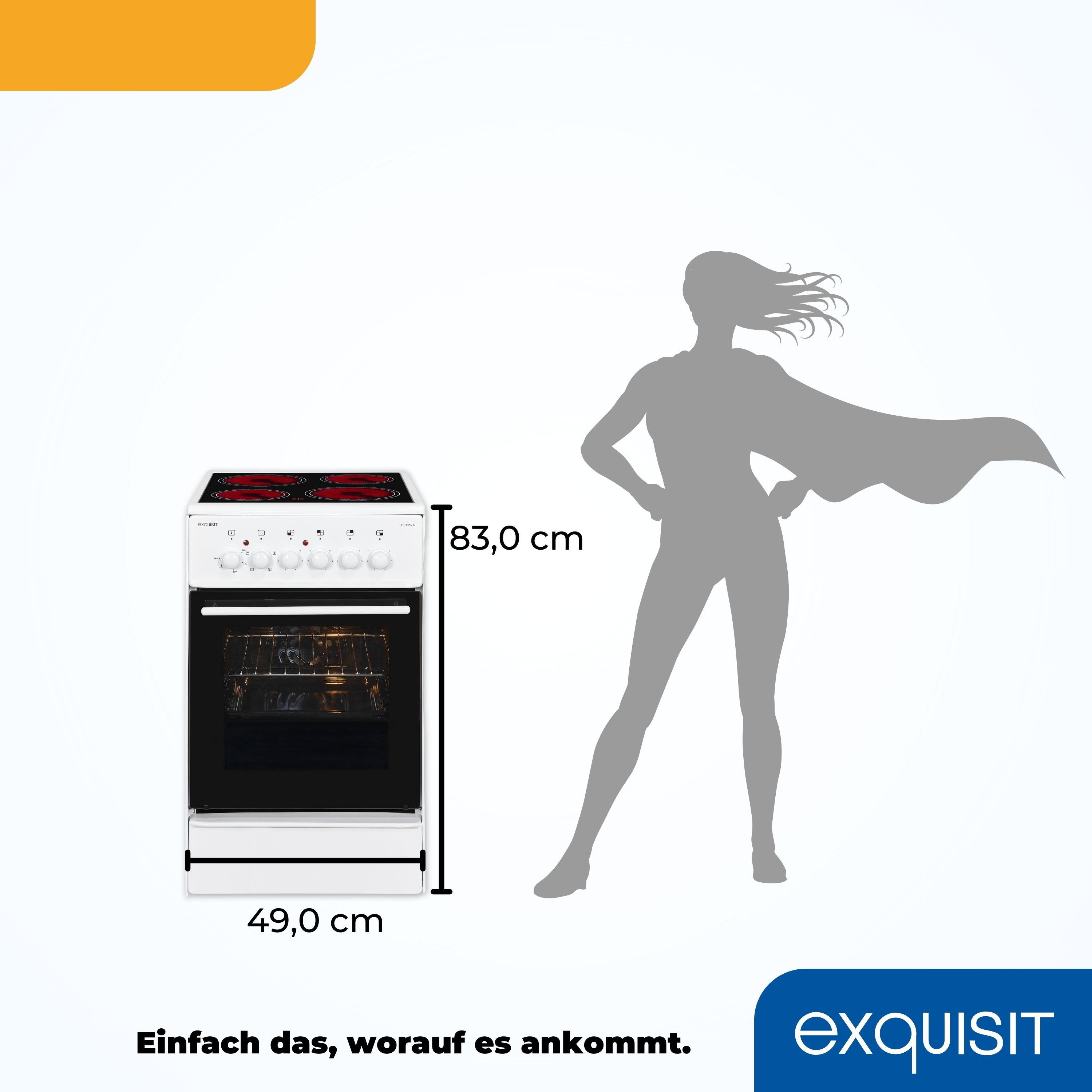Weißer Ofen mit Kochfeld, Maße in cm, und eine Silhouettefigur rechts.