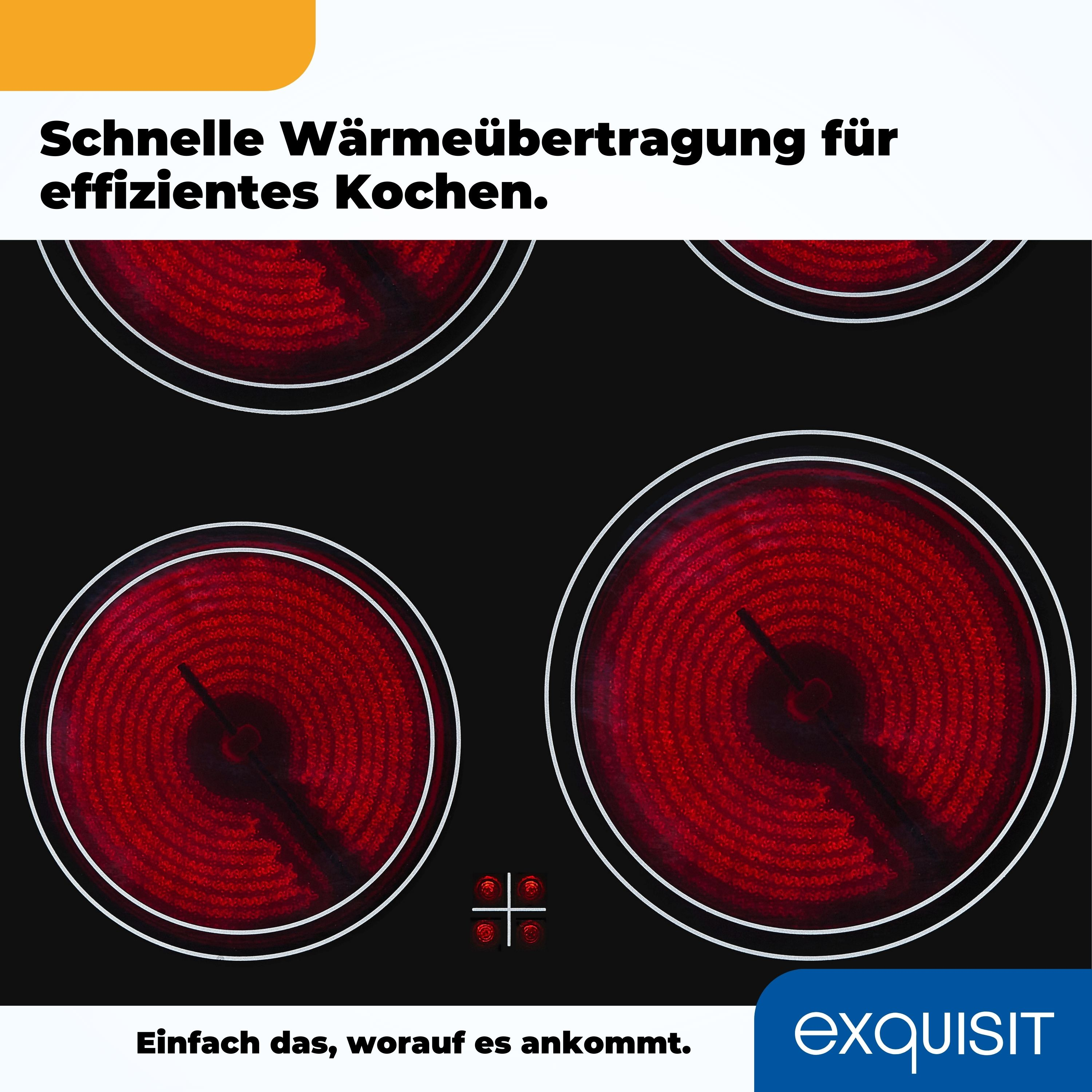 Schwarzes Elektrokochfeld mit vier rotglühenden Heizelementen, weißen Umrissen und Exquisit-Logo.