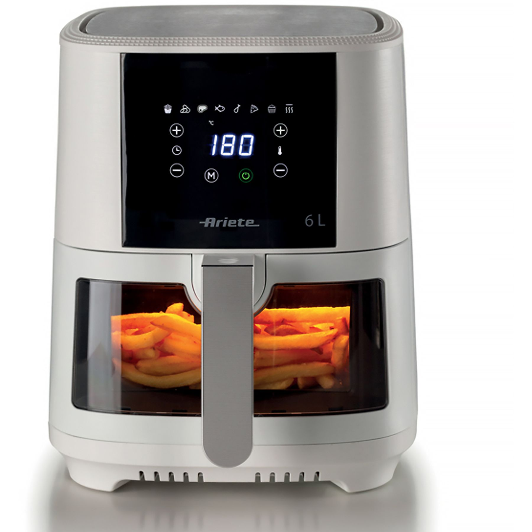 Biała frytownica powietrzna z cyfrowym wyświetlaczem pokazującym temperaturę i ustawienia oraz okienkiem z frytkami.