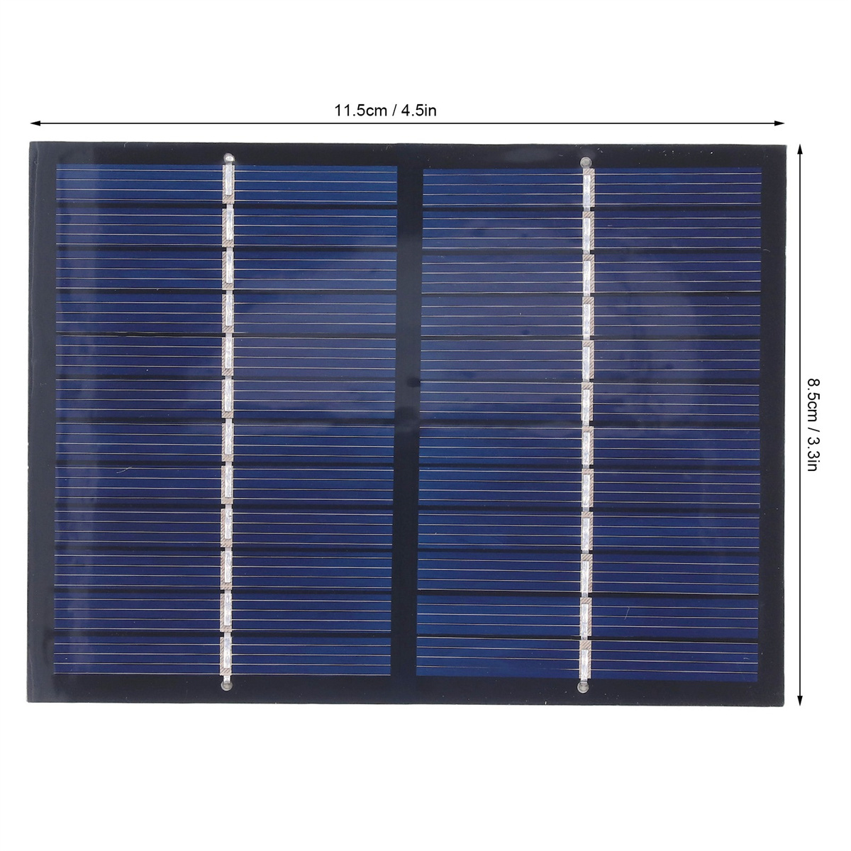 Solarpanel mit dunkelblauen Zellen, schwarzem Rahmen und Maßen. Zwei Abschnitte. Weiße Linien zwischen Zellen.