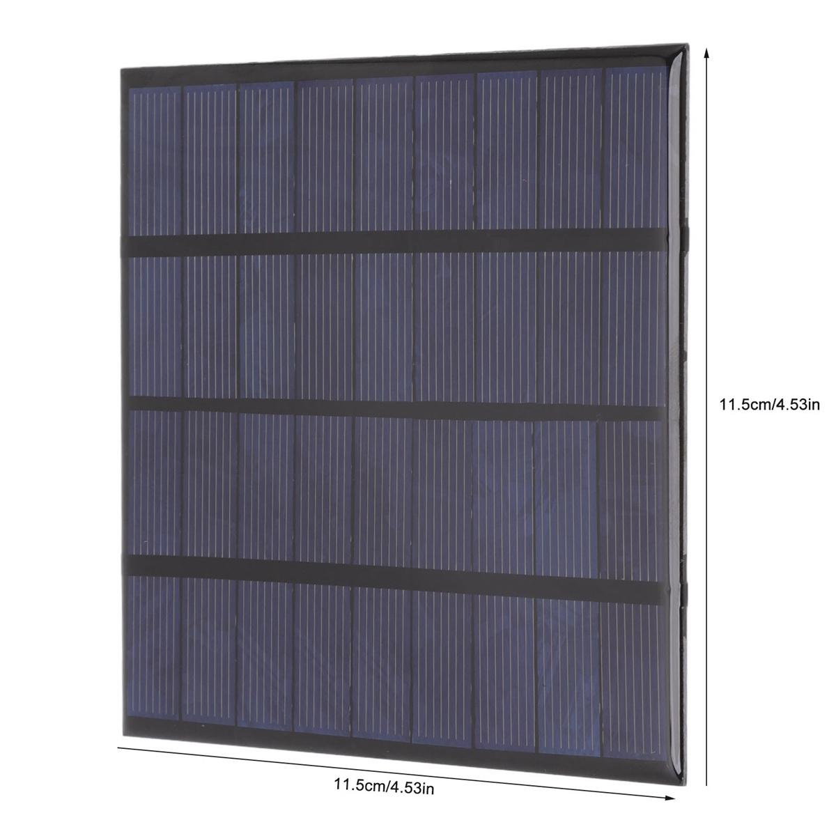 Ein quadratisches Solarpanel mit blauen Zellen und schwarzen Rändern, mit Maßangaben.