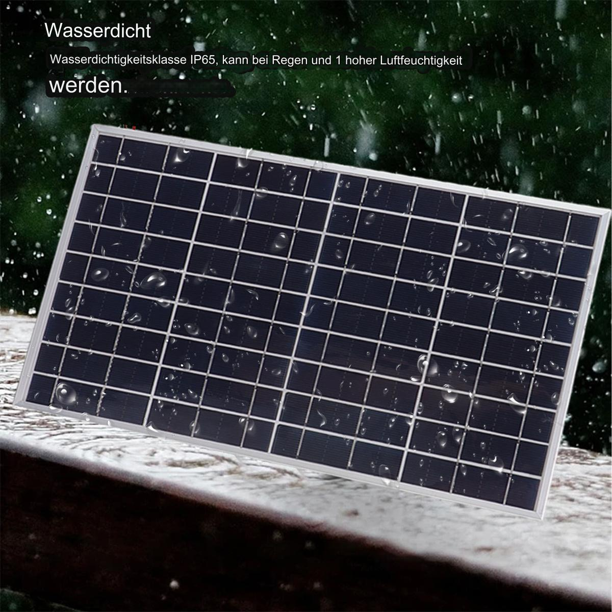 Schwarzes Solarpanel mit Wassertropfen auf Holz. Text sagt: Wasserdicht, IP65.