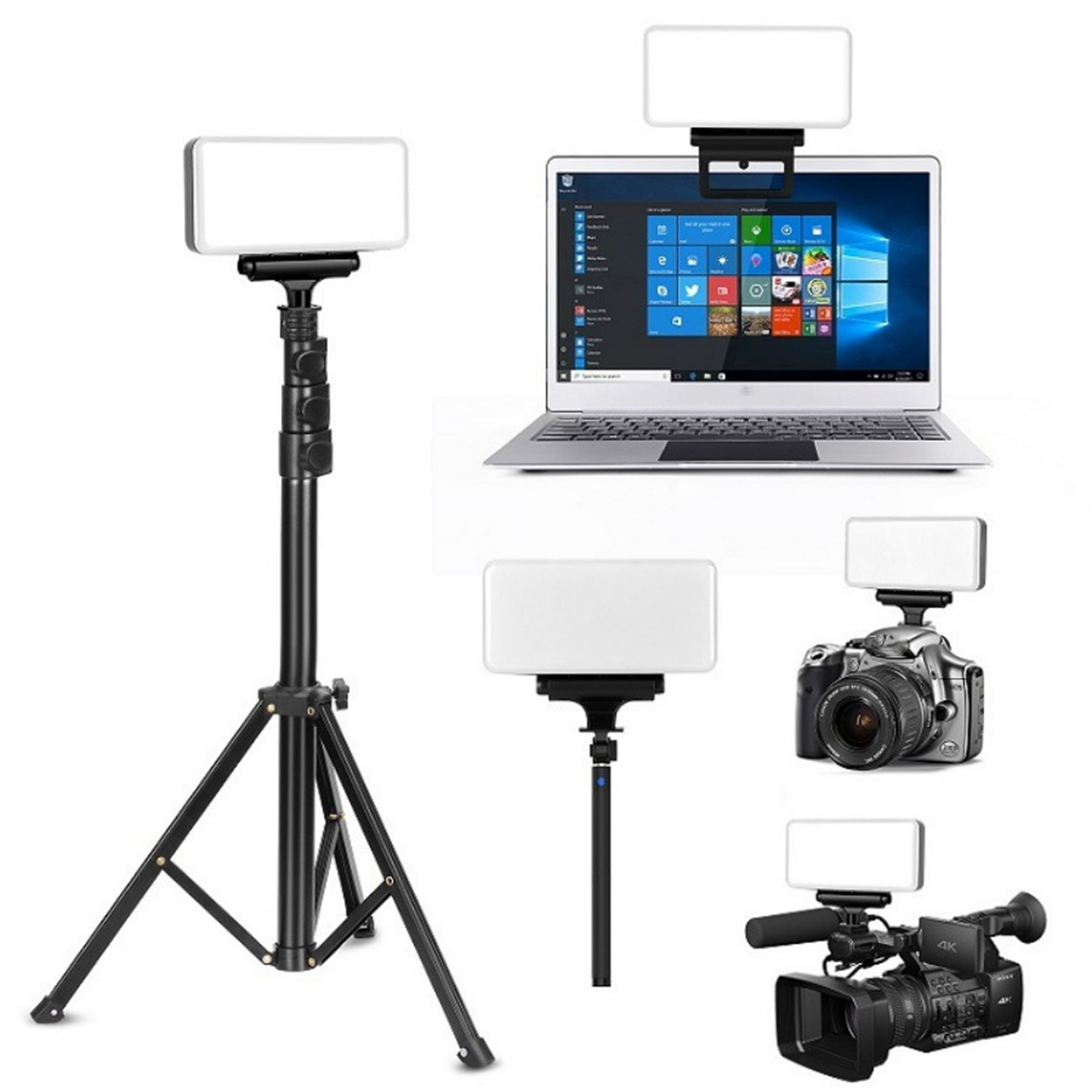 Ein Laptop, eine Kamera und eine Videokamera mit angebrachten LED-Lichtpanels. Sie stehen auf Stativen oder Ständern zur Beleuchtung.