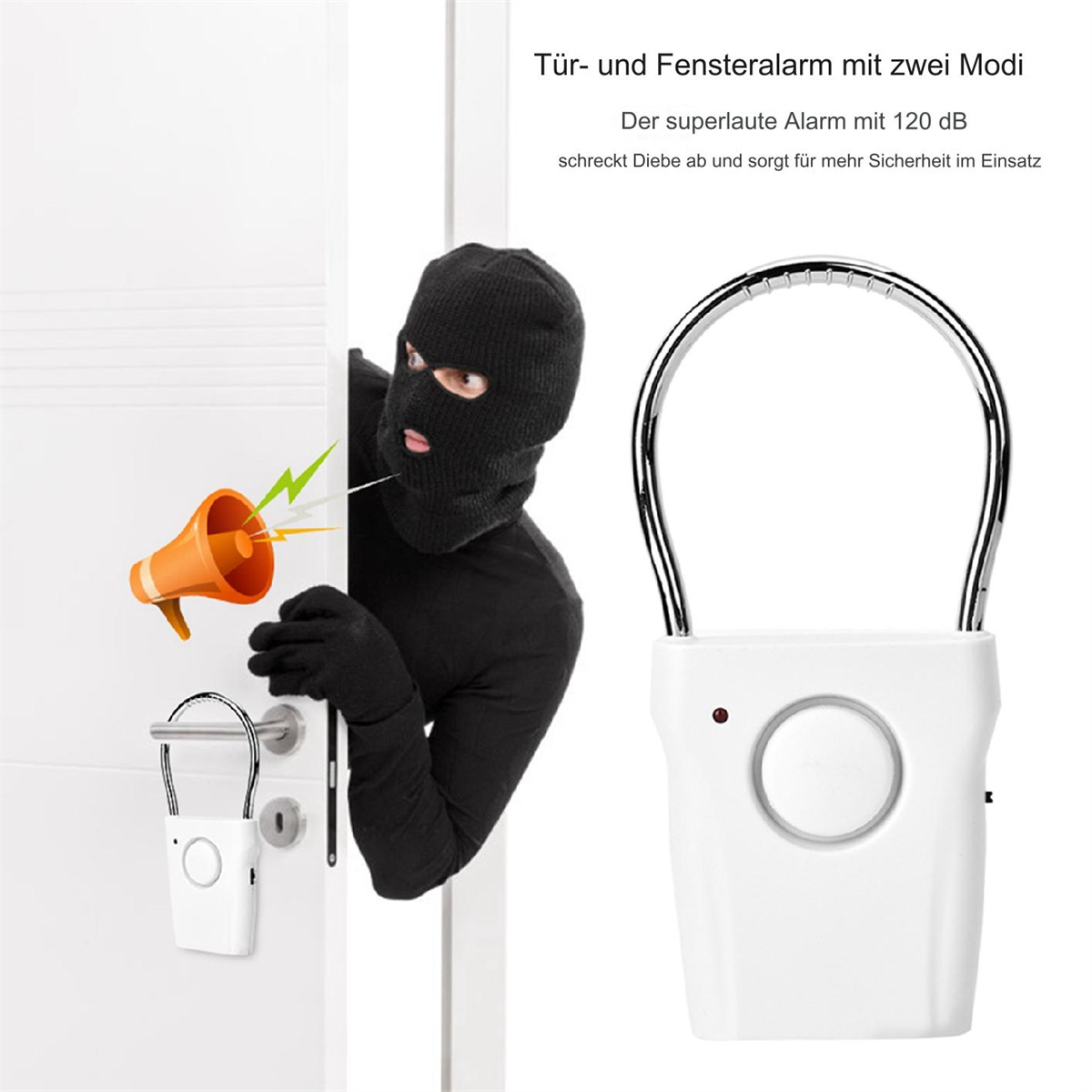 Eine Person mit Maske und ein Sicherheitsalarm mit Text über Sicherheit.