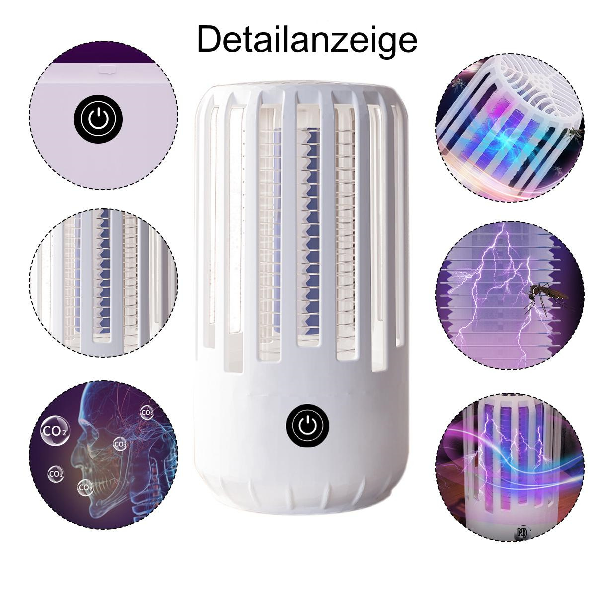Ein weißer Insektenvernichter mit Detailansichten, die das Licht, die innere Struktur und den Ein-/Ausschalter zeigen.
