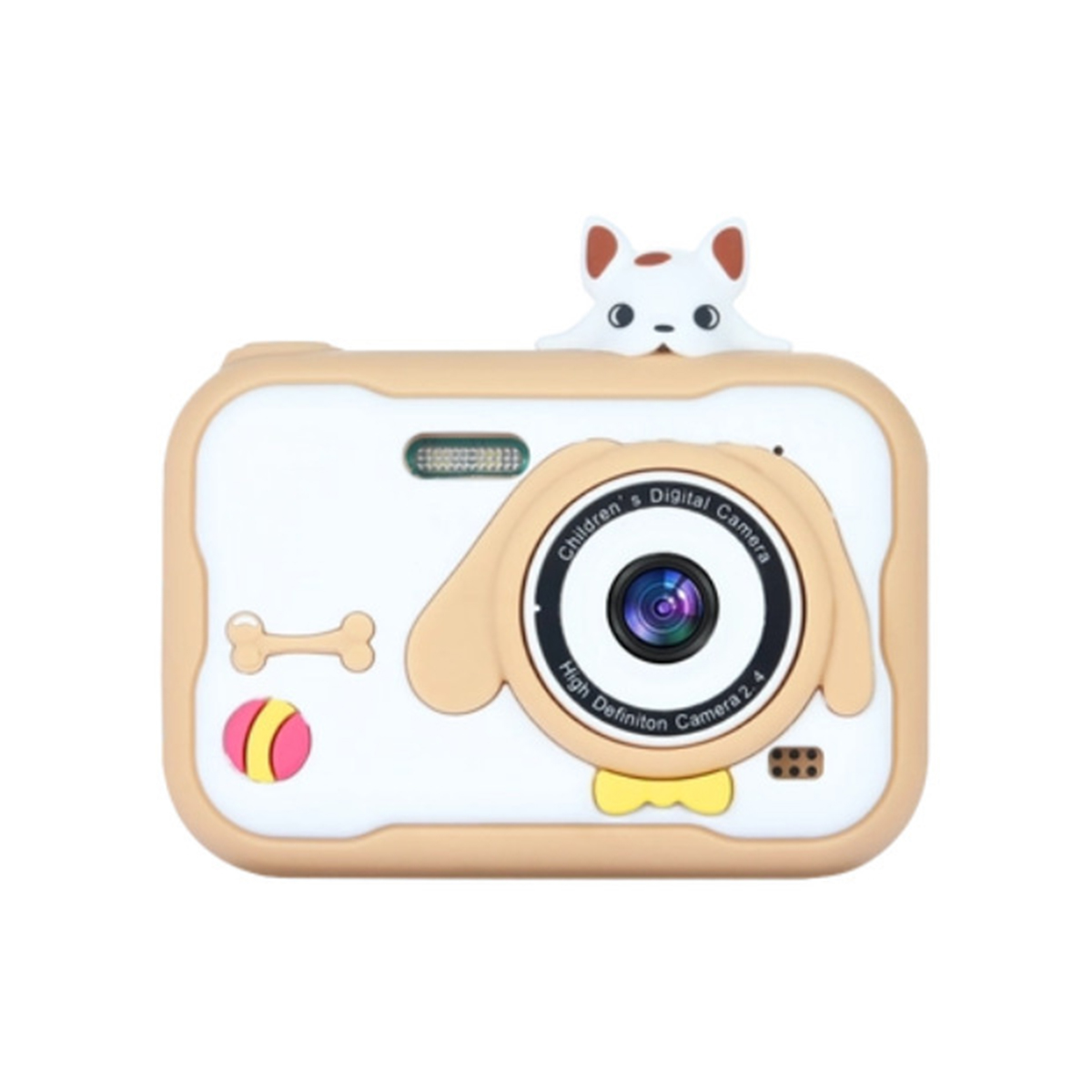 Beżowo-biały aparat cyfrowy dla dzieci z pyszczkiem szczeniaka. Posiada obiektyw i przyciski.