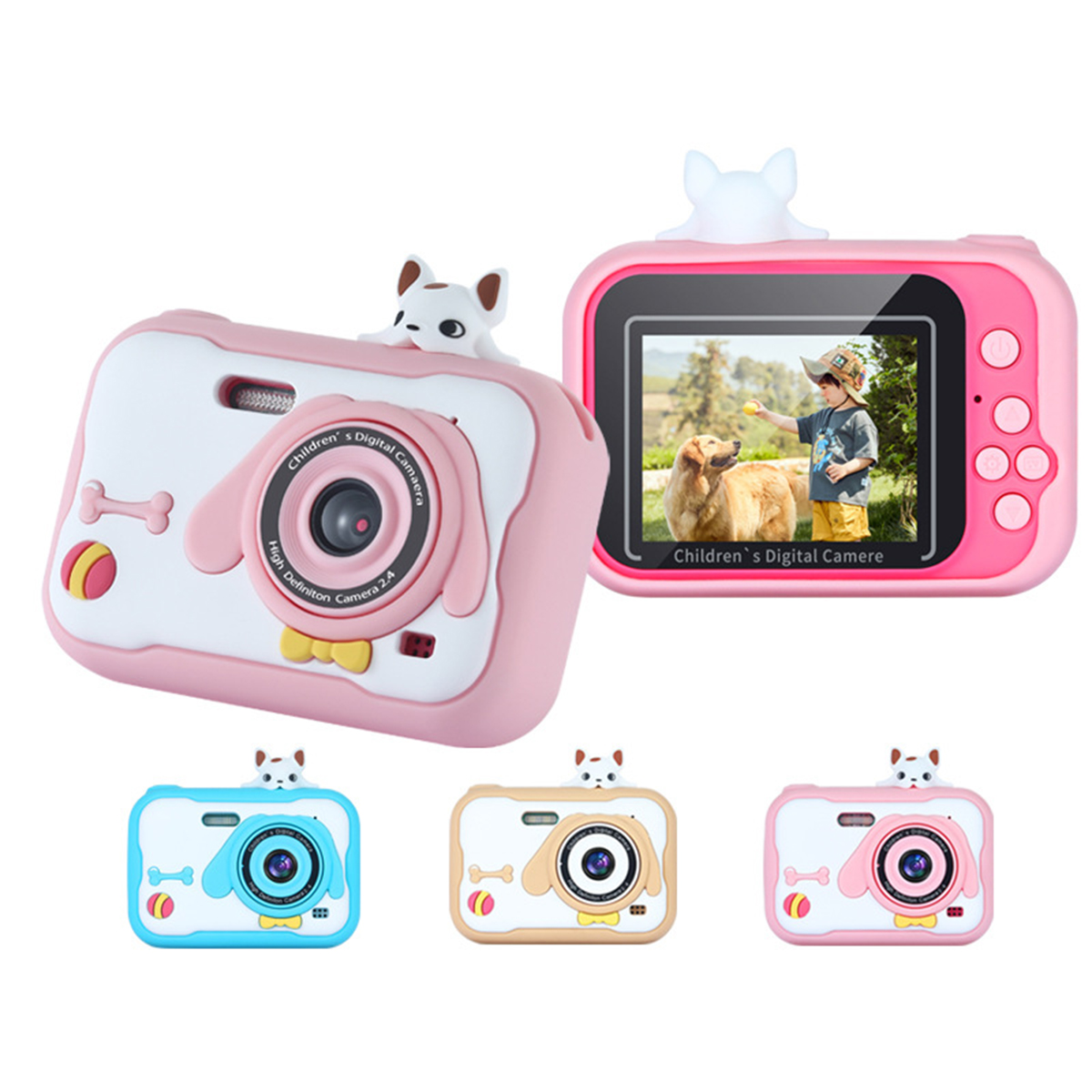 Różowe i białe cyfrowe aparaty fotograficzne w kształcie psa w różnych kolorach, z ekranem pokazującym chłopca i psa.