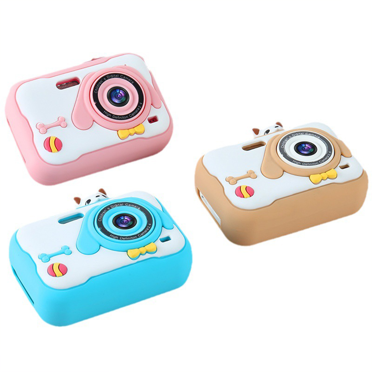 Trzy zabawki aparaty w kolorze różowym, brązowym i niebieskim, z psimi wzorami.