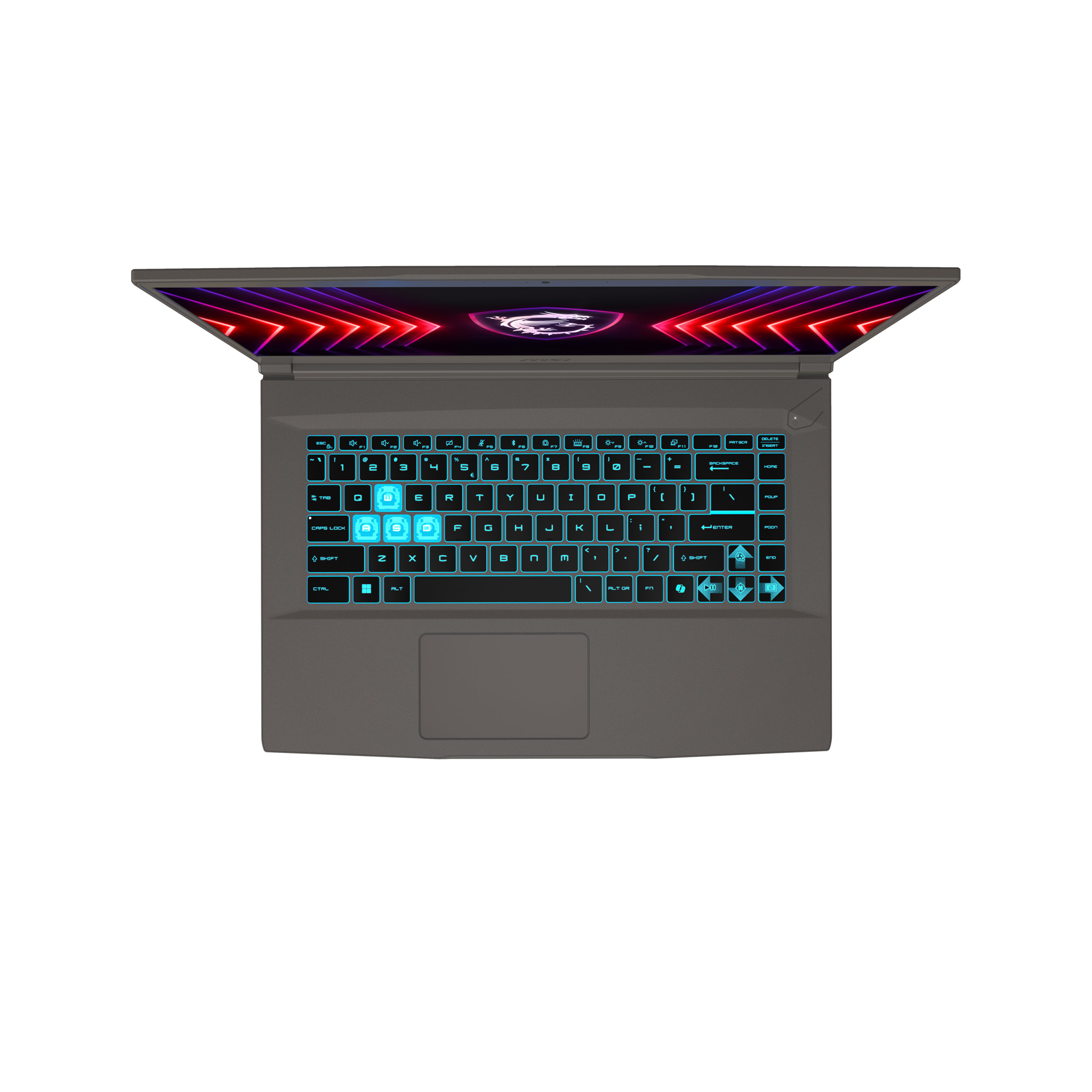 Laptop z podświetlaną klawiaturą. Ekran wyświetla kolorowy design. Na białym tle.