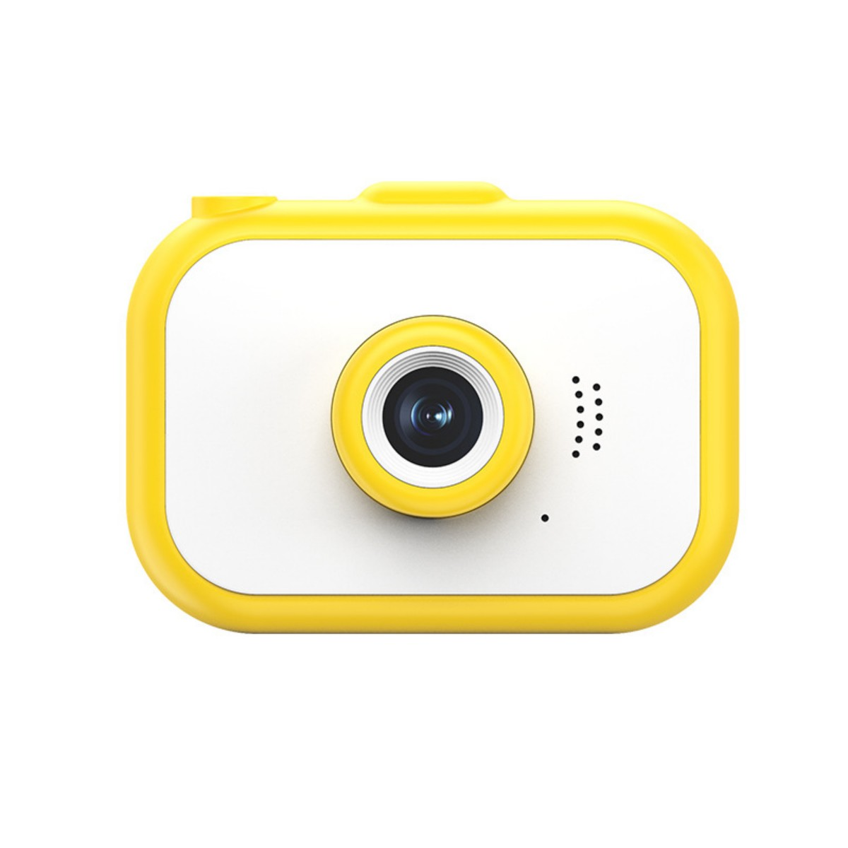 Żółto-biały aparat dla dzieci z obiektywem, przyciskami i białą ramką.