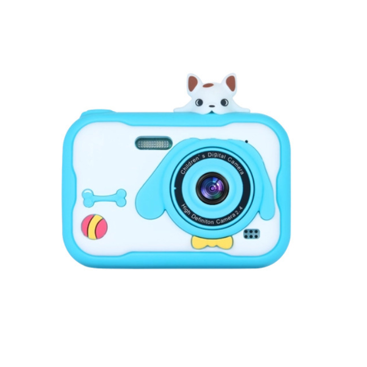 Niebieski i biały aparat cyfrowy dla dzieci z motywem psa. Posiada obiektyw i przyciski.