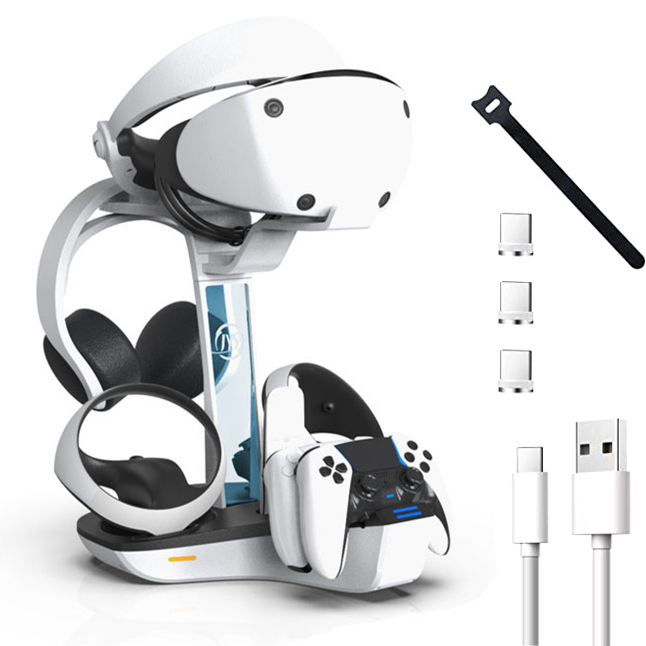 Weißes VR-Headset, Controller und Ladestation. Enthält ein schwarzes Kabel und weiße Ladeadapter.