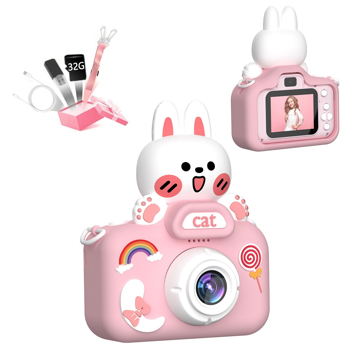 Różowy aparat zabawka w kształcie królika, z akcesoriami. Białe tło.